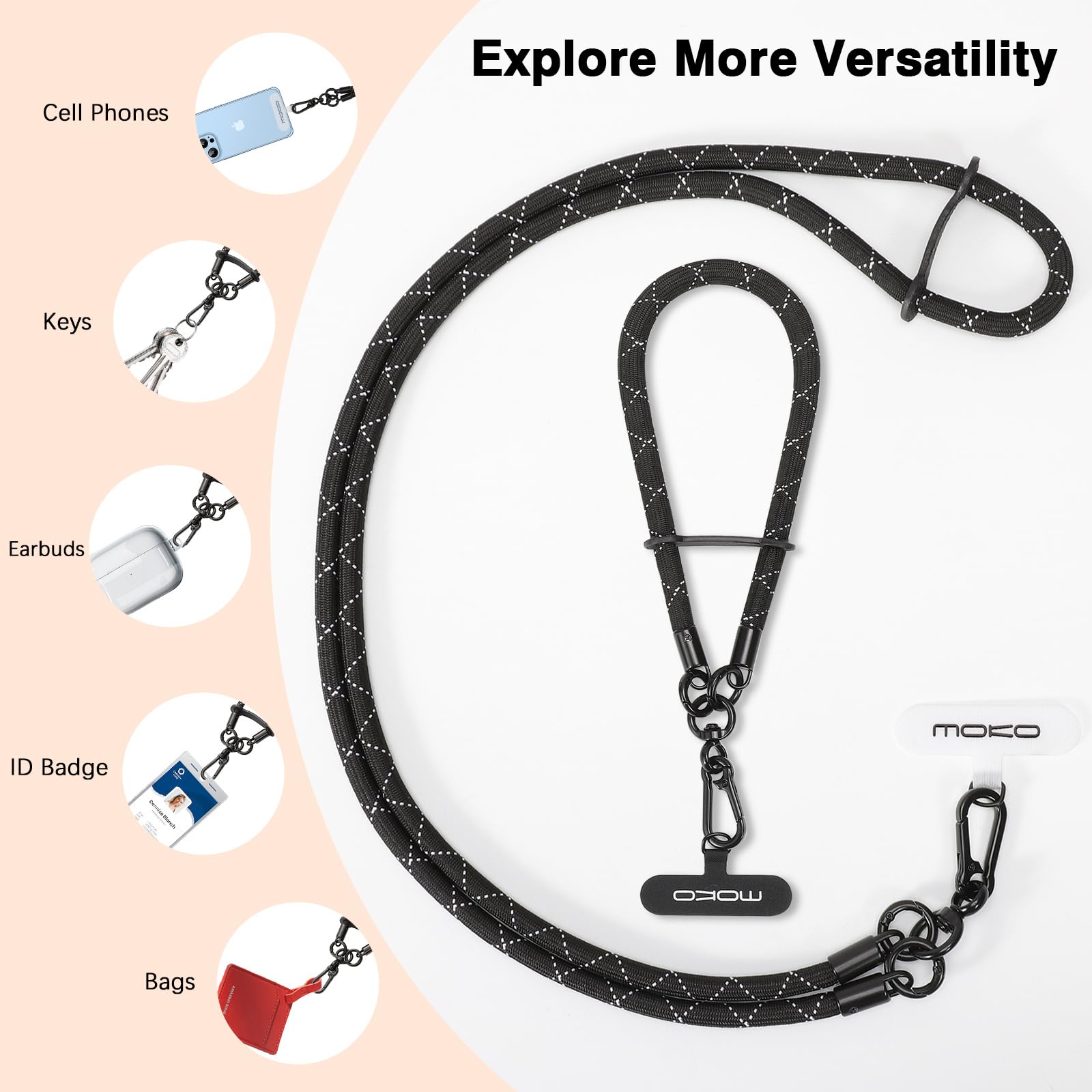MoKo Adjustable Crossbody Phone Lanyard with Wrist Strap - 8mm Thick Premium Rope for iPhone, Samsung & Smartphones | Includes Neck Strap, Wrist Strap & 2 Lanyard Patches (Black) - Perfect for Travel, Work, Gym & Outdoor Activities