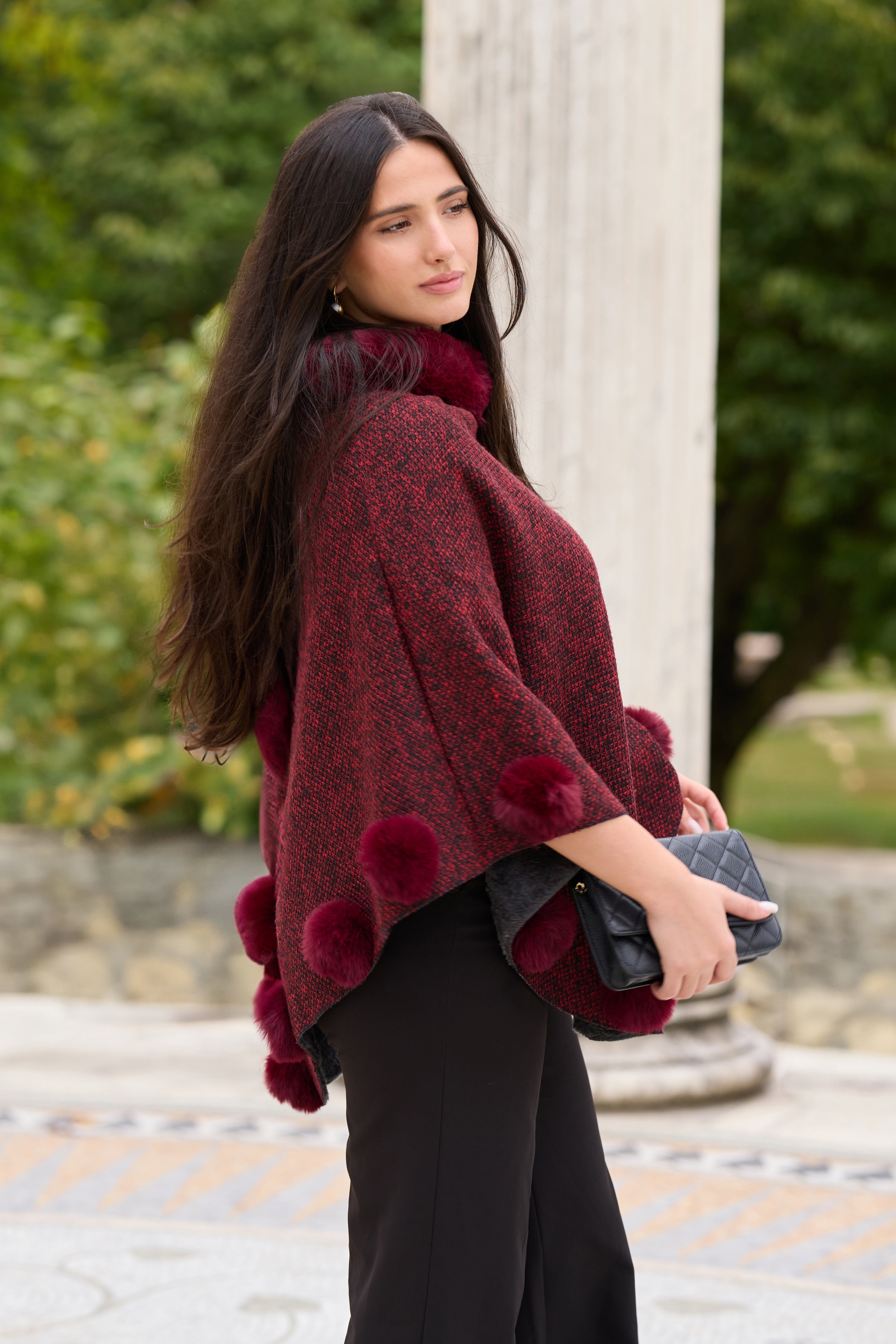 Cozy Faux Fur Poncho with Pom Pom Trim - Women's Winter Cape Shawl for Outdoor & Indoor Wear