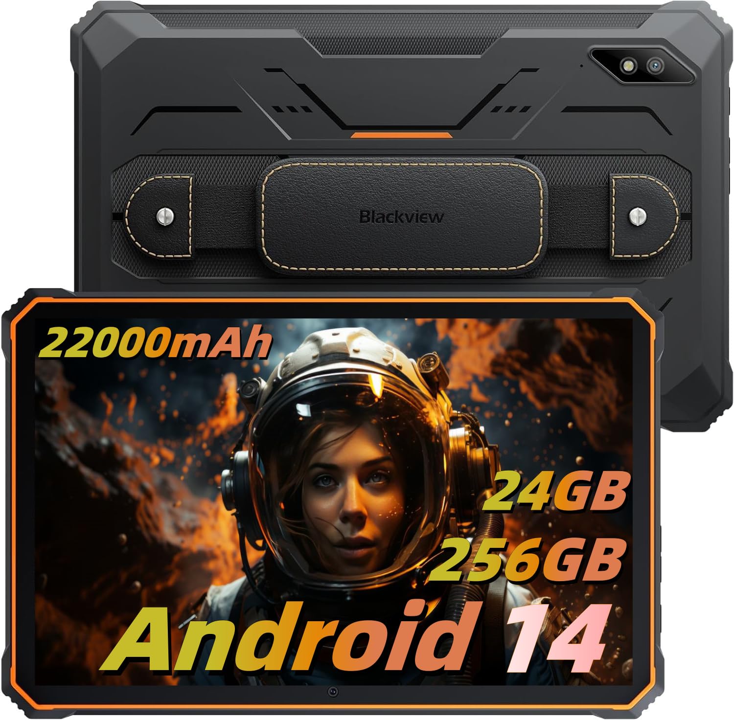 Blackview 2.4K 10.36 Inch Rugged Android Tablet - 22000mAh Battery, Octa-Core Processor, 24GB (8+16) RAM, 256GB ROM + 1TB Expandable, 48MP+16MP Camera, 4G LTE/5G WiFi, BT 5.0/OTG/GPS, Waterproof - Orange | Perfect for Outdoor Work, Construction Sites, and Harsh Environments