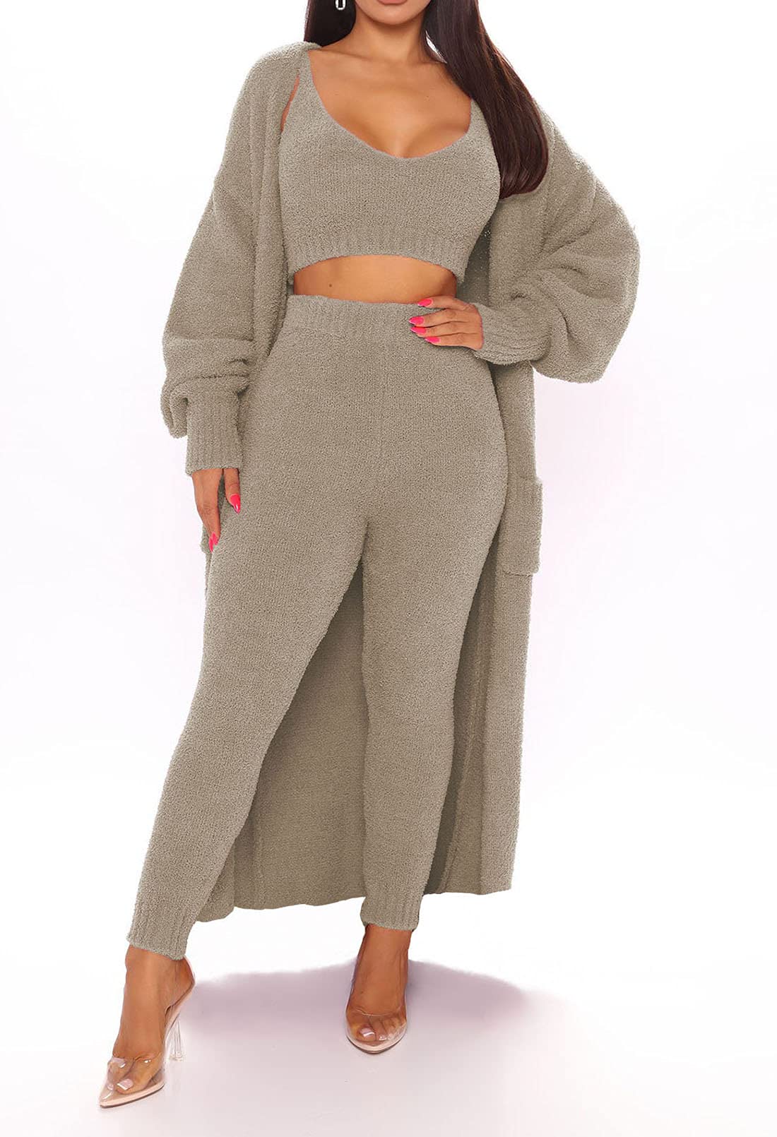 TOLENY Women's 3-Piece Fuzzy Lounge Set - Open Front Cardigan, Crop Tank Top & Wide Leg Pants | Cozy Loungewear for Home, Yoga & Casual Outings