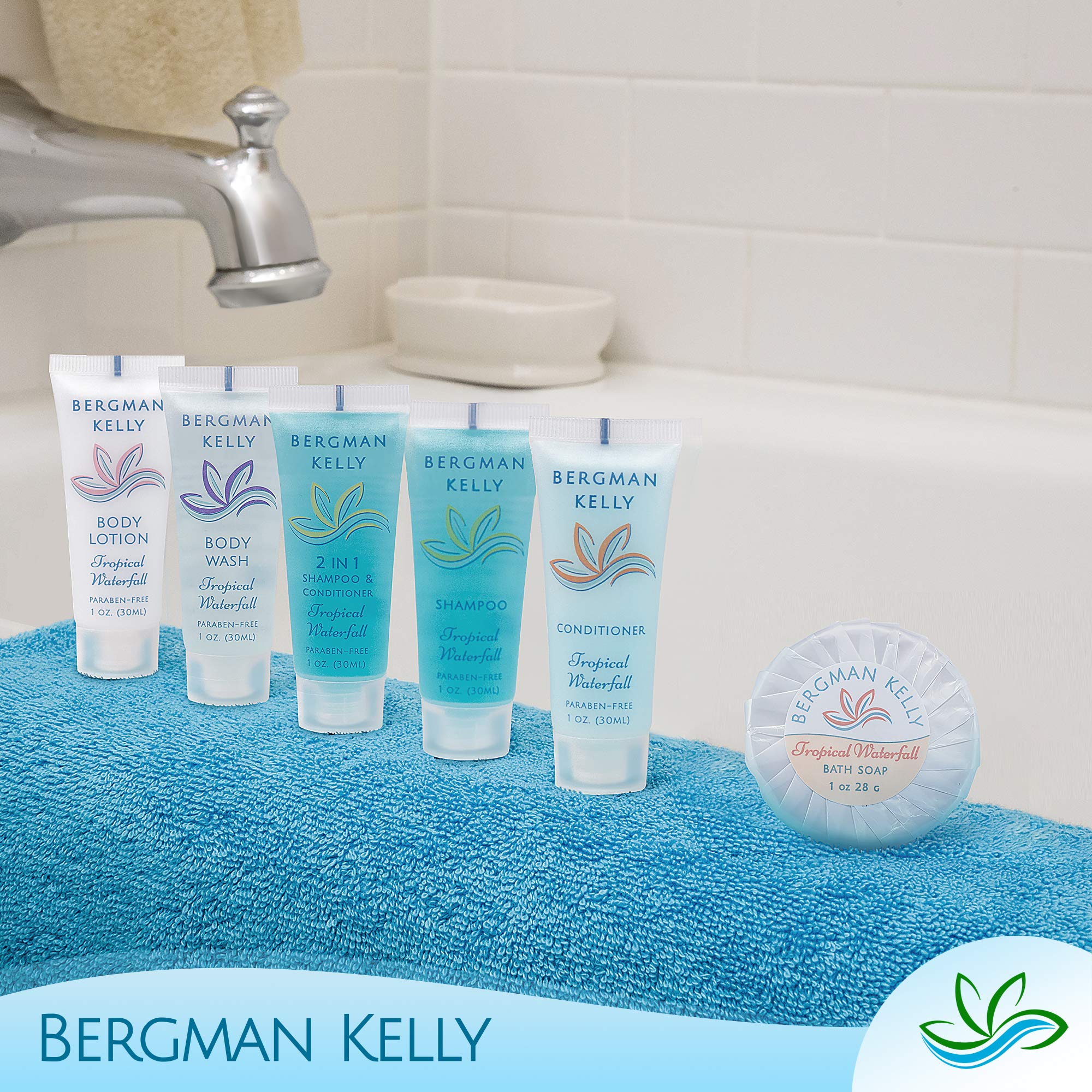 BERGMAN KELLY Round Soap Bars - 2in1 Shampoo & Conditioner Set (Tropical Waterfall Scent, 1 oz Each, 100-Piece Bulk Pack) - Moisturizing & Refreshing Hotel Amenities for Guest Bathrooms, Spas, and Luxury Travel Toiletries