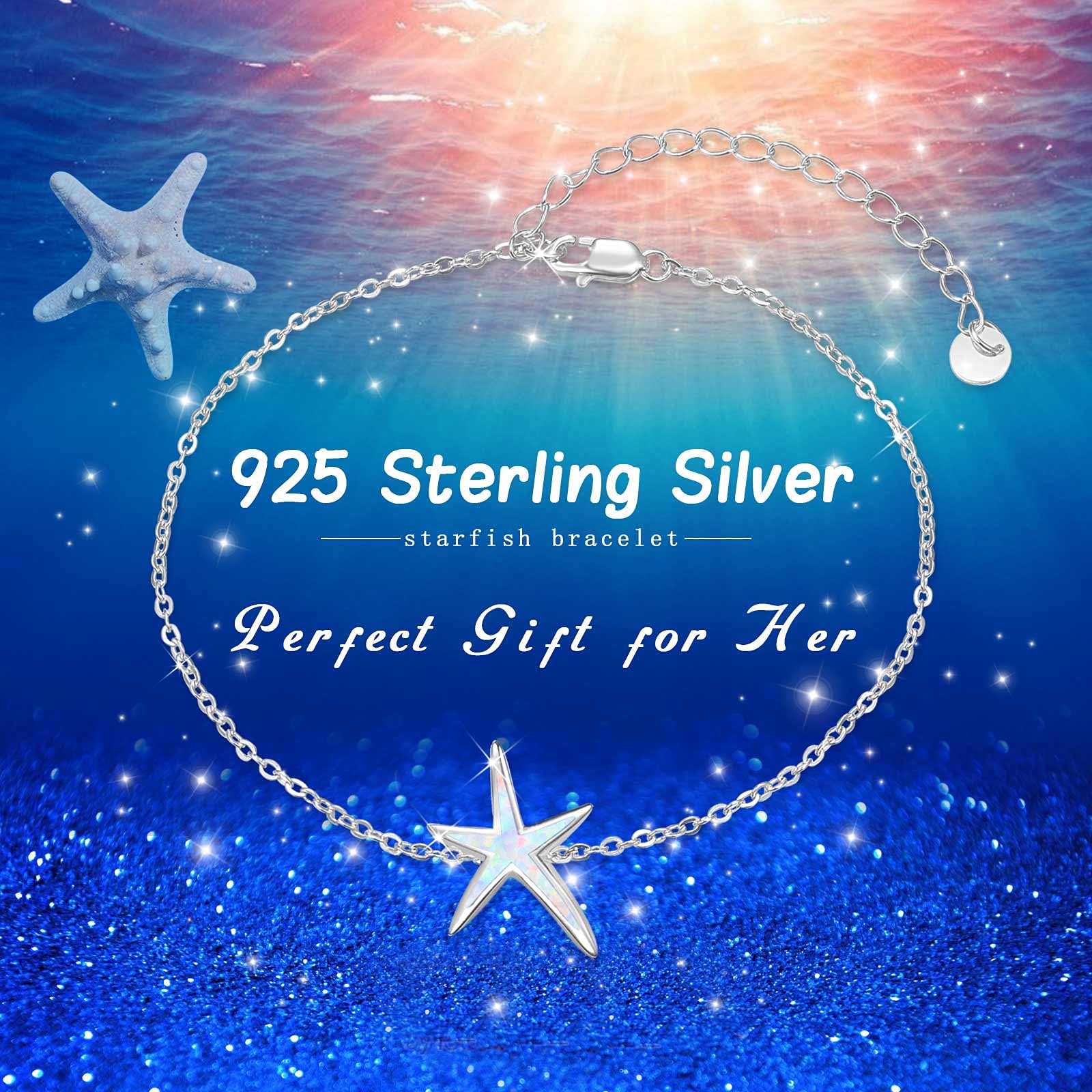 925 Sterling Silver Starfish Bracelet with White Fire Opal - Dainty Ocean Jewelry for Women | Perfect Birthday Gift, Beach Wedding & Summer Vacation Accessory