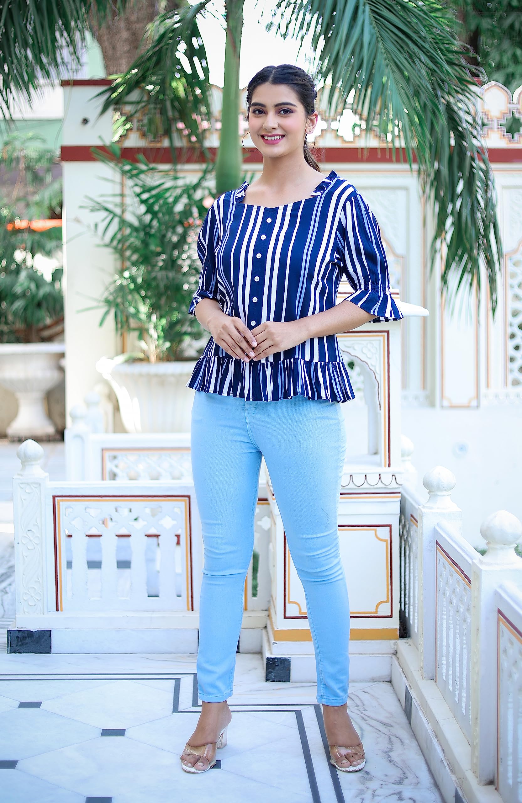 Yash Gallery Women's Regular Fit Striped Ruffle Blouse - Casual & Chic Top for Work, Date Night & Everyday Wear