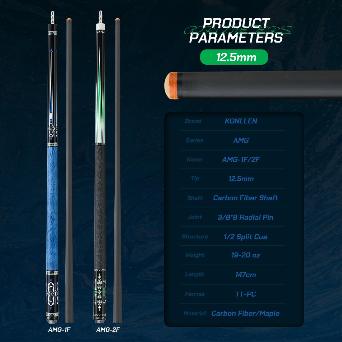 KONLLEN 58-inch Professional Carbon Fiber Pool Cue Stick - Low Deflection Billiard Cue with 12.5mm Tip for Adults | Full Carbon Technology, Pro Taper & Ultra-Smooth Finish | Perfect for Competitive Play & Home Game Rooms