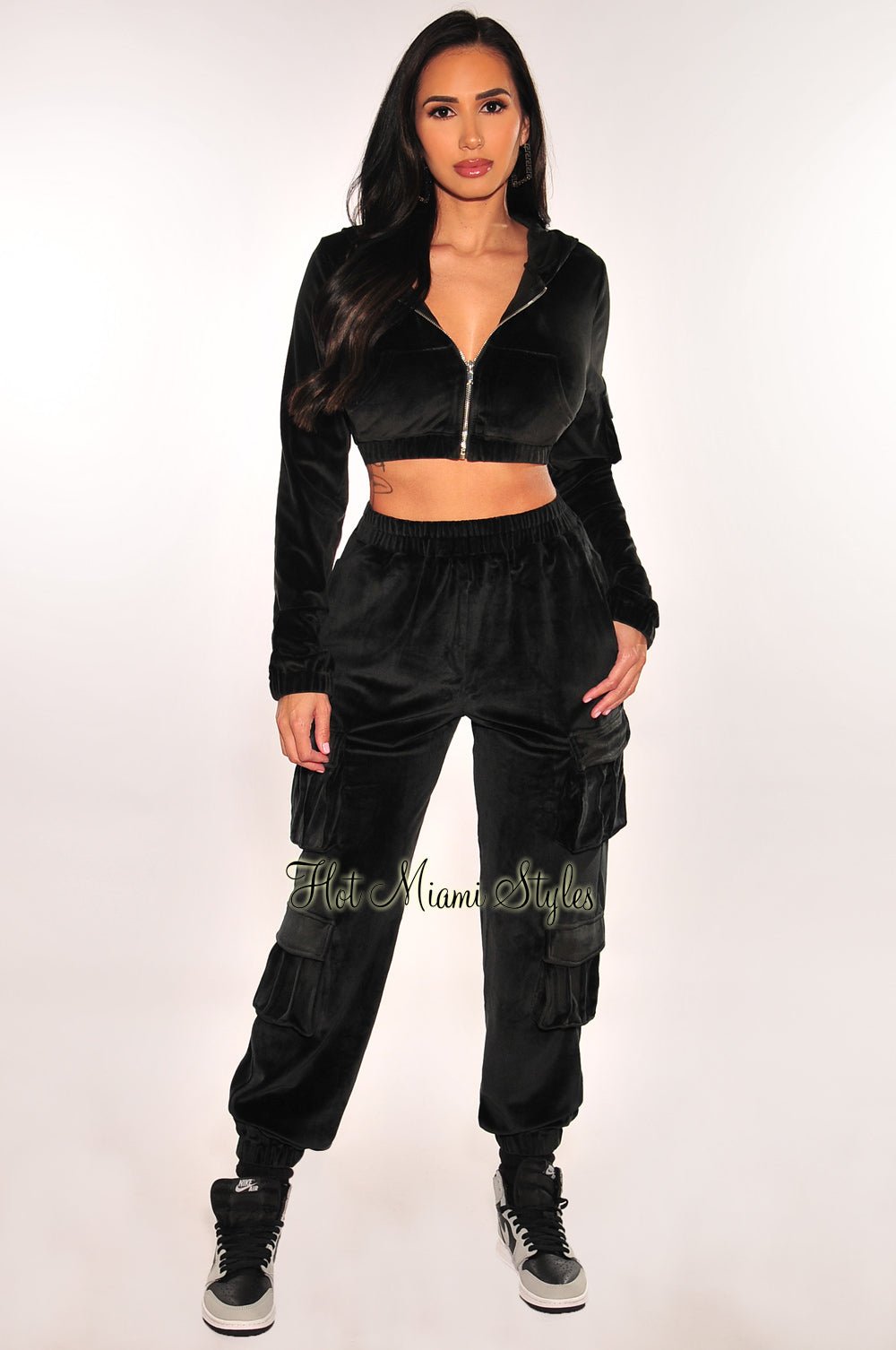 Black Velour Long Sleeve Zip Up Hooded Cargo Joggers Two Piece Set - Women's Cozy Lounge Outfit for Home, Gym & Casual Wear