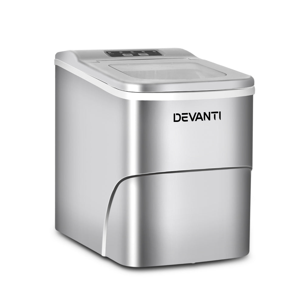 Devanti Portable Ice Cube Maker - Fast & Quiet Countertop Ice Machine for Home, Office, Bar - Silver | Perfect for Cocktails, Iced Coffee & Beverages