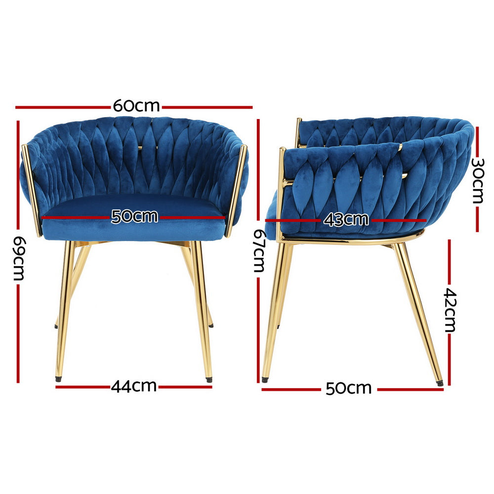 2 Pack Velvet Woven Armchairs - Artiss Modern Dining Chairs in Blue for Living Room, Bedroom, or Office Decor