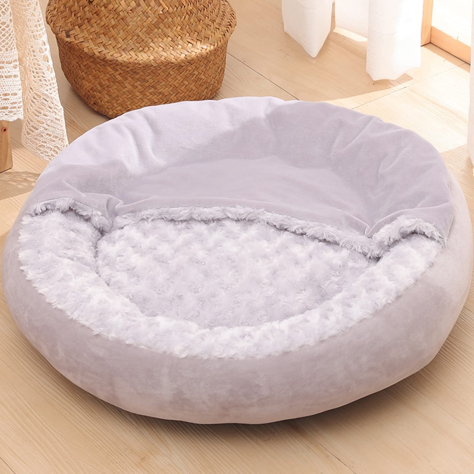 Soft Plush Round Cat Bed with Hooded Cave & Non-Skid Bottom - Machine Washable Donut Dog Bed for Small Pets - Cozy Puppy Cushion Mat for Indoor Napping & Burrowing