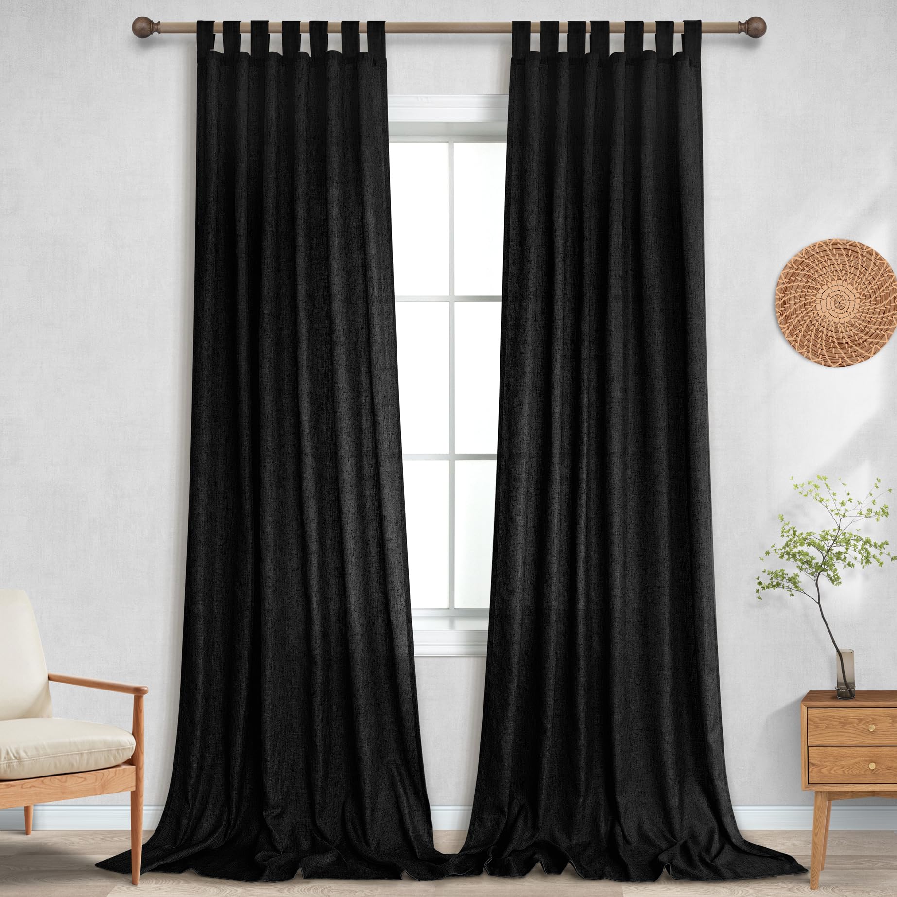 KOUFALL 96 Inch Black Sheer Linen Curtains - Elegant Living Room Drapes & Bohemian Bed Canopy - Perfect for Bedroom Decor, Window Treatments & Boho Chic Home Styling