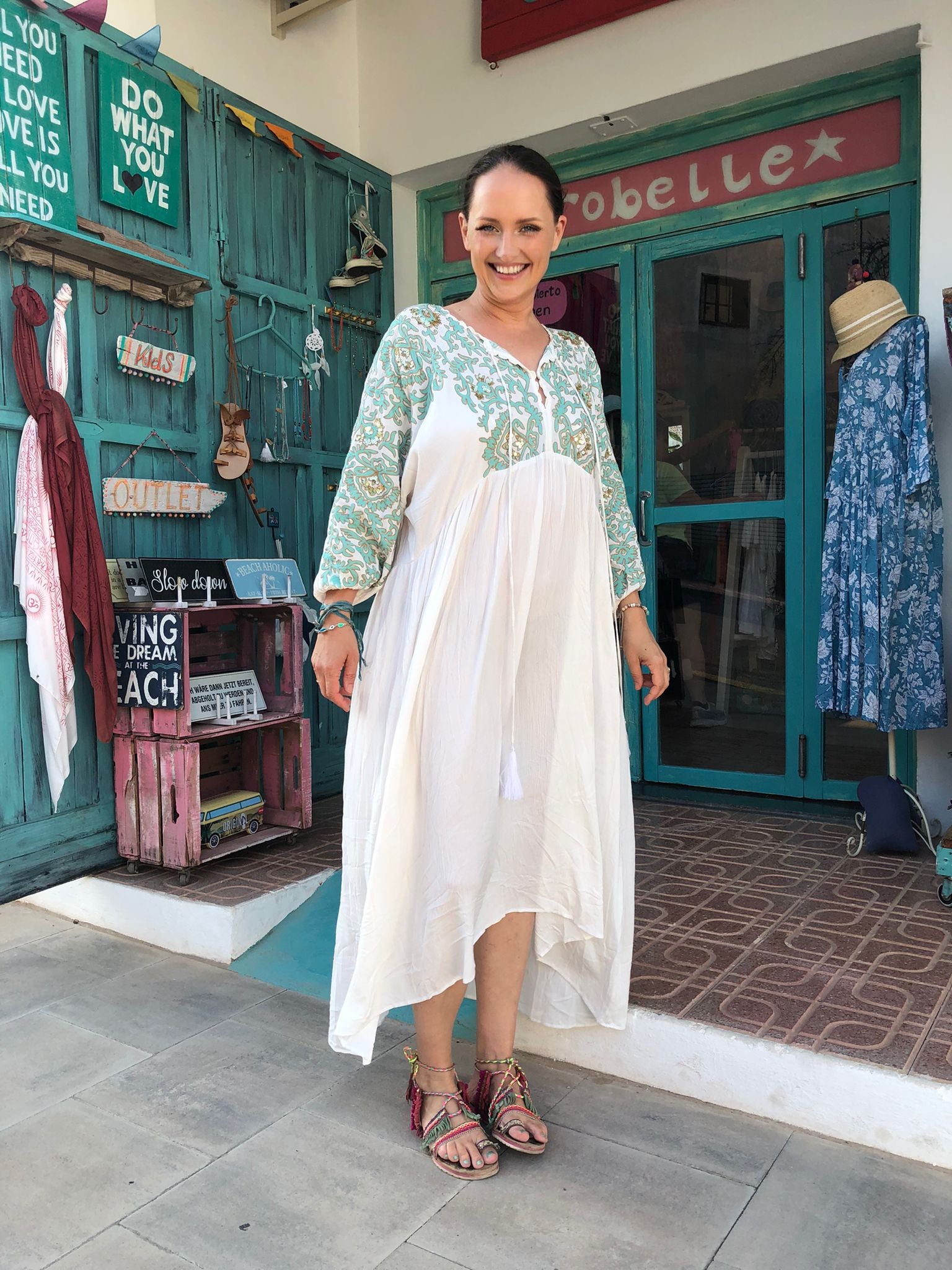 Lio Lux Kaftan - White & Turquoise Boho Beach Cover Up for Women | Lightweight Summer Dress for Vacation, Poolside, and Resort Wear