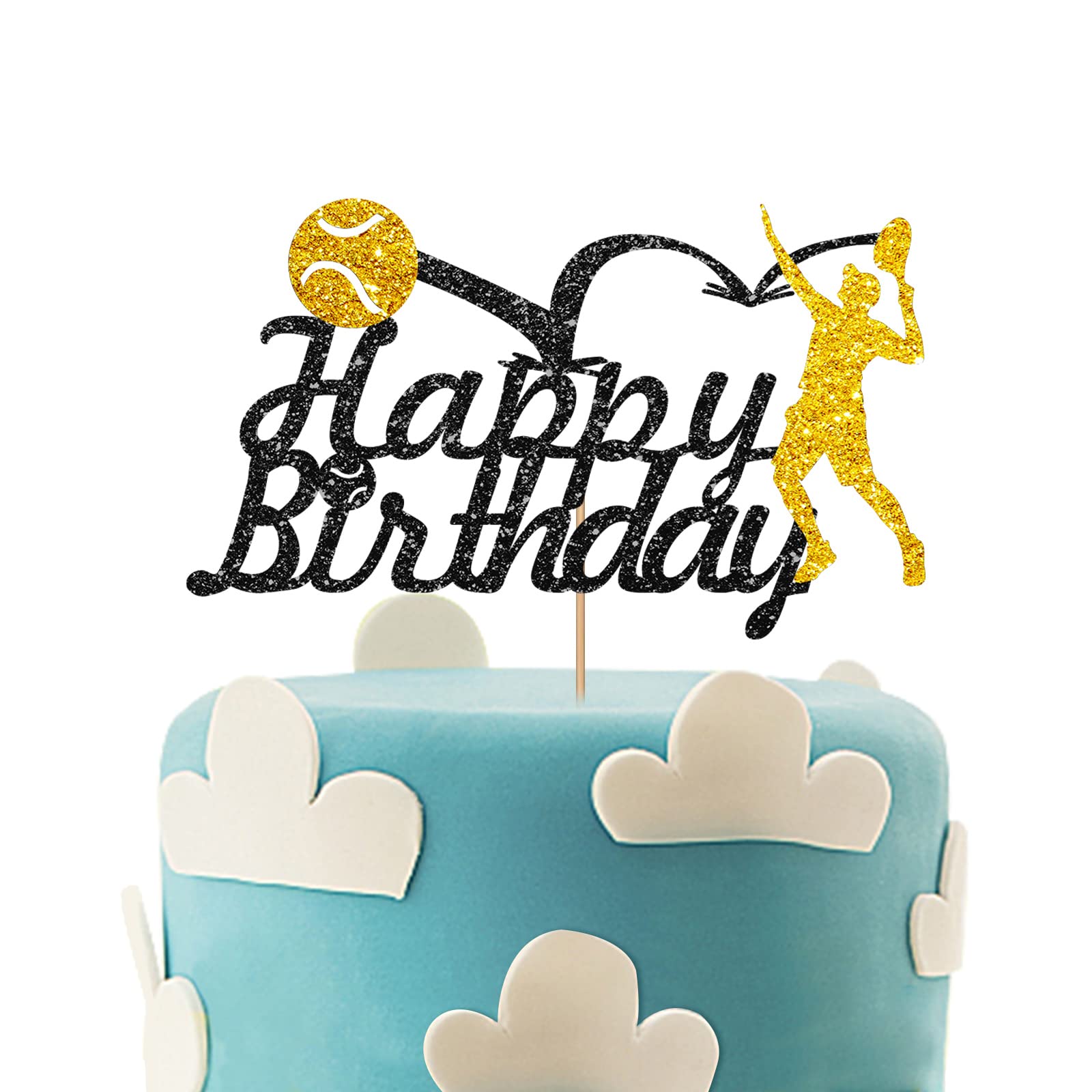 Tennis Happy Birthday Cake Topper - Gold & Black Glitter Sports Theme Cake Decorations for Tennis Racket Ball Player Birthday Party Supplies | Perfect for Tennis Lovers, Sports-Themed Celebrations & Game Day Parties