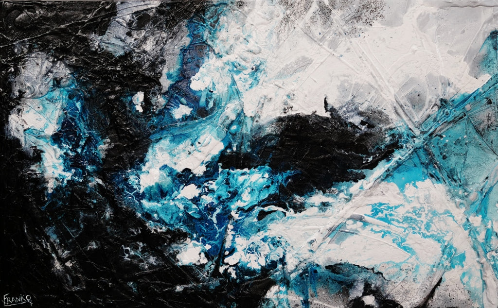 140cm x 100cm Moody Southern Ocean Abstract Painting - Black Turquoise White Textured Wall Art for Living Room, Bedroom & Office Decor
