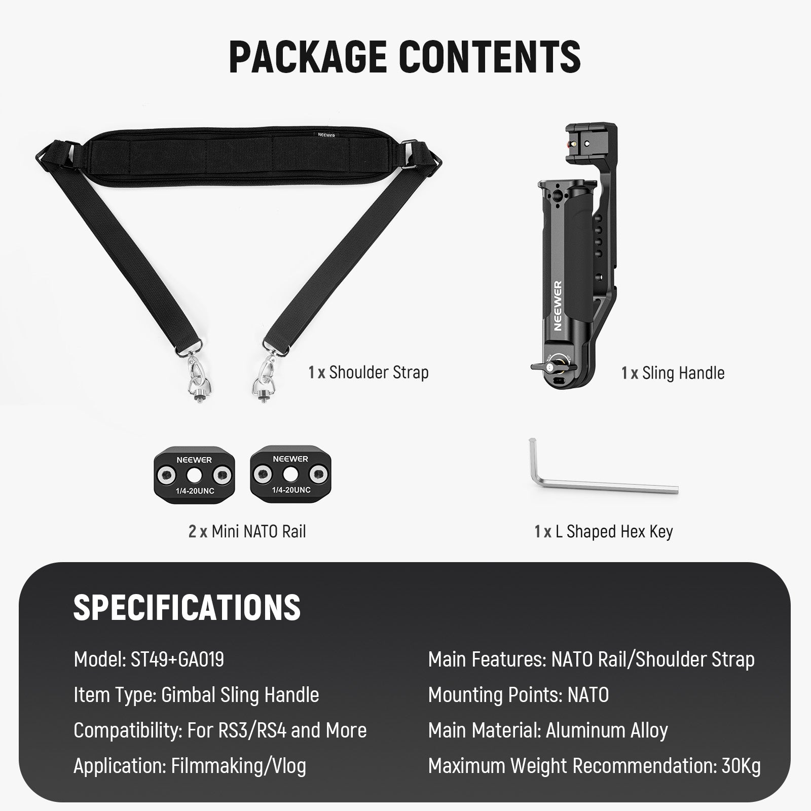 NEEWER ST49+GA019 Adjustable Sling Handle Grip for Canon RS4 RS3 RS2 - Perfect for Vlogging, Filmmaking & Photography Accessories