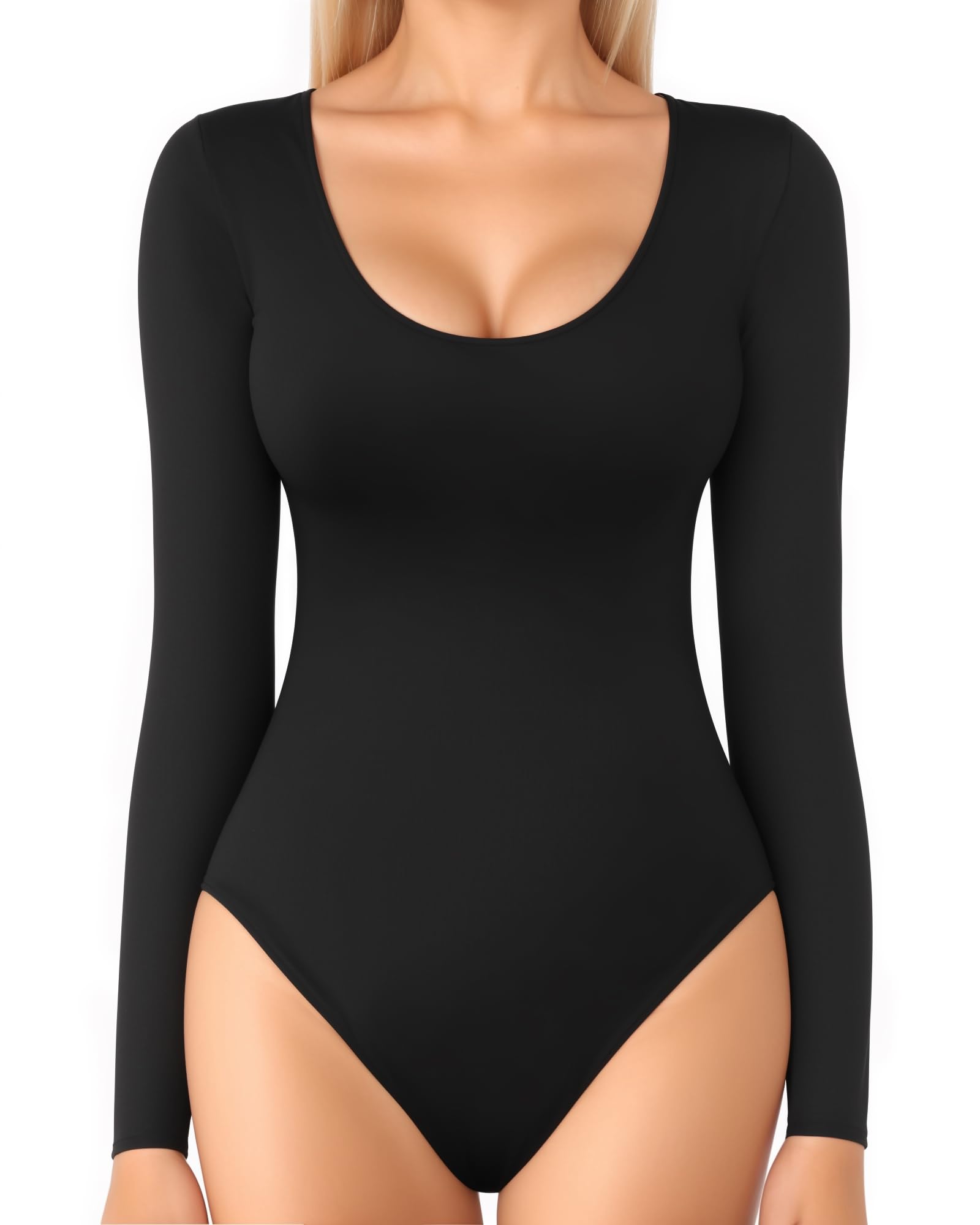 MANGOPOP Women's Double Lined Scoop Neck Long Sleeve Bodysuit - Soft Basic Shirt Top for Layering, Work & Casual Wear