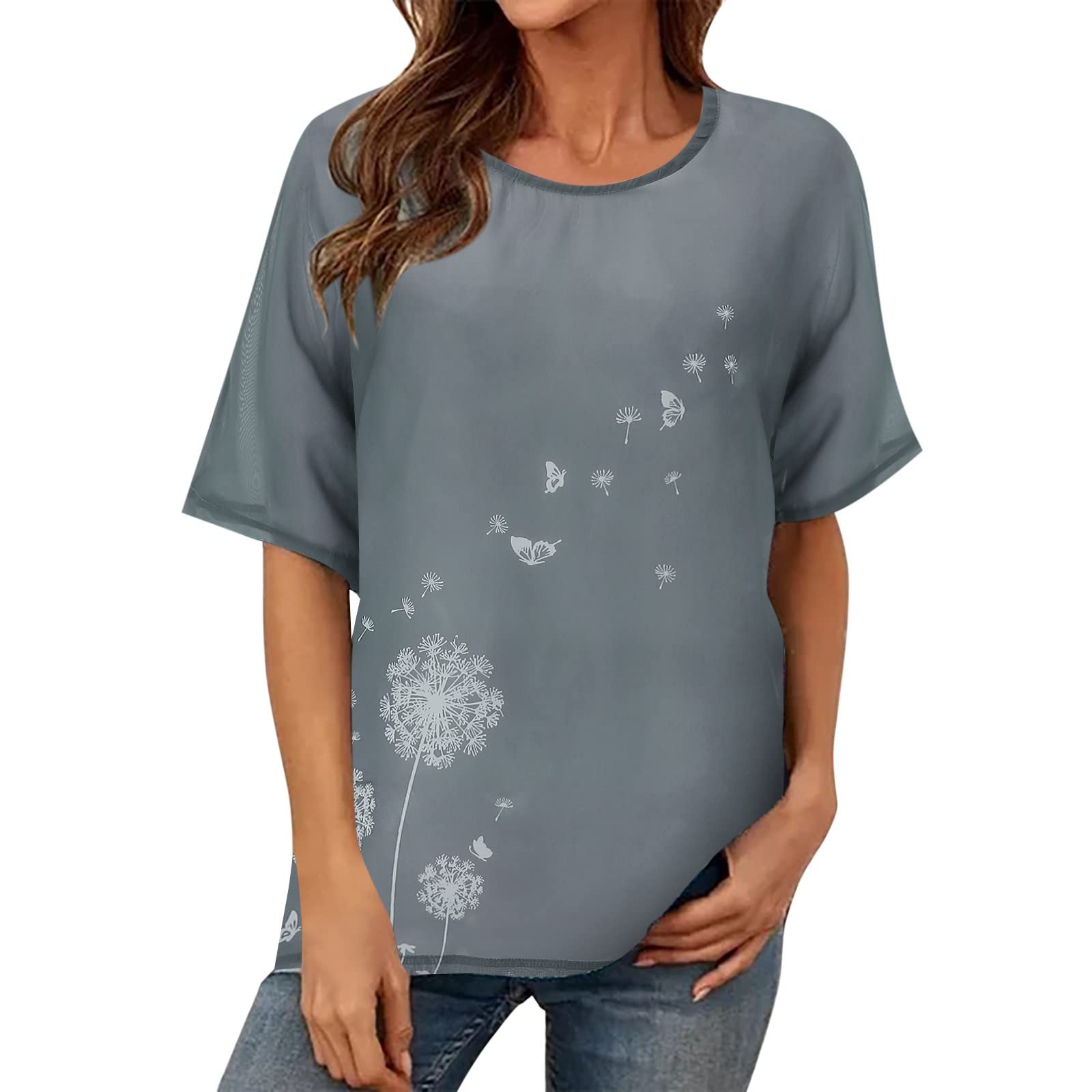 Women's Floral Printed Loose Fit Short Sleeve Tunic Top - Round Neck Raglan Sleeve with Hem Slit - Casual & Dressy Blouse for Work, Date Night & Spring Outfits
