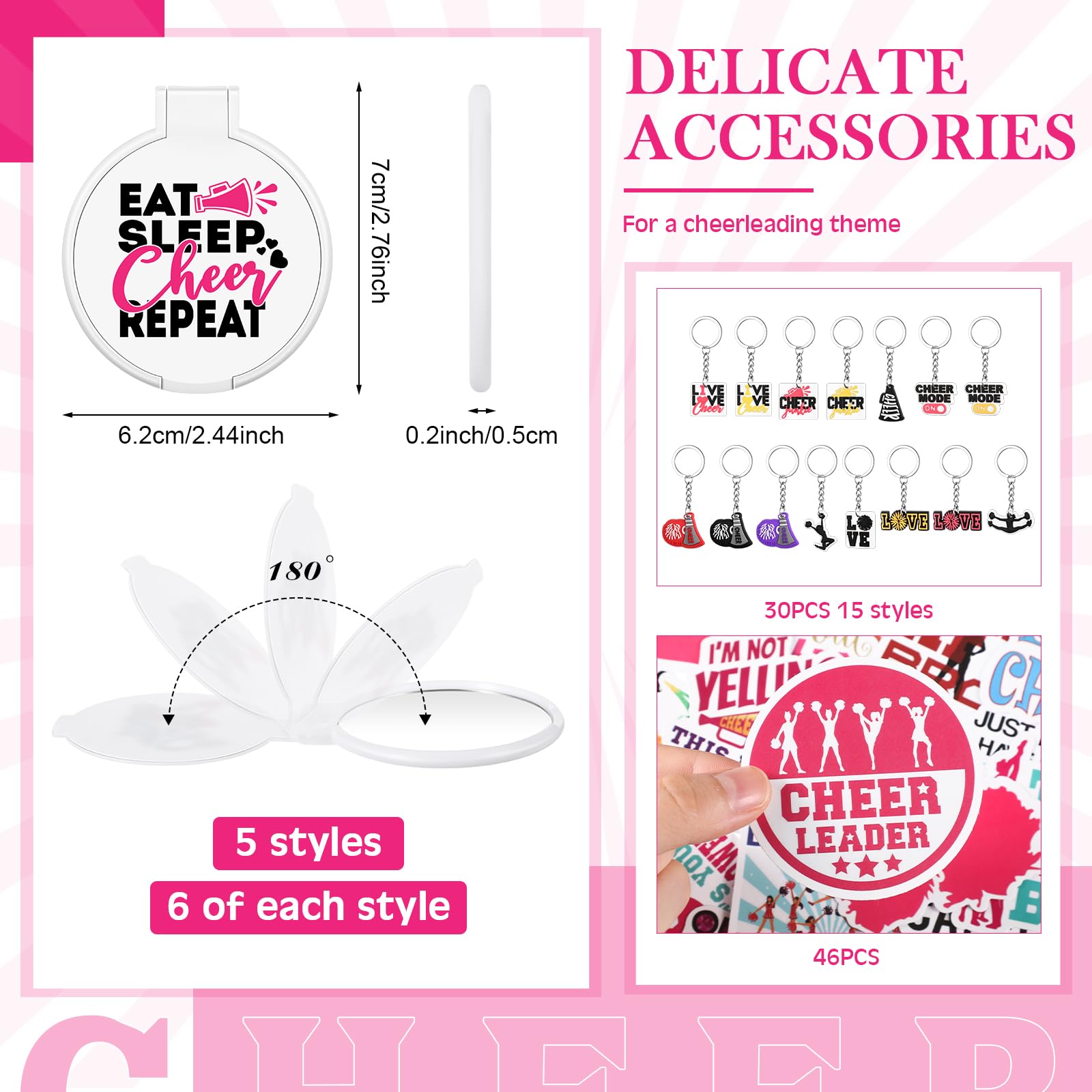 121 Pcs Cheerleader Gift Set - 30 Zipper Makeup Bags, 30 Keychain Wristbands, Mirror & Waterproof Stickers for Women, Girls & Teammates - Perfect for Cheerleading Competitions, Team Events & Gifts