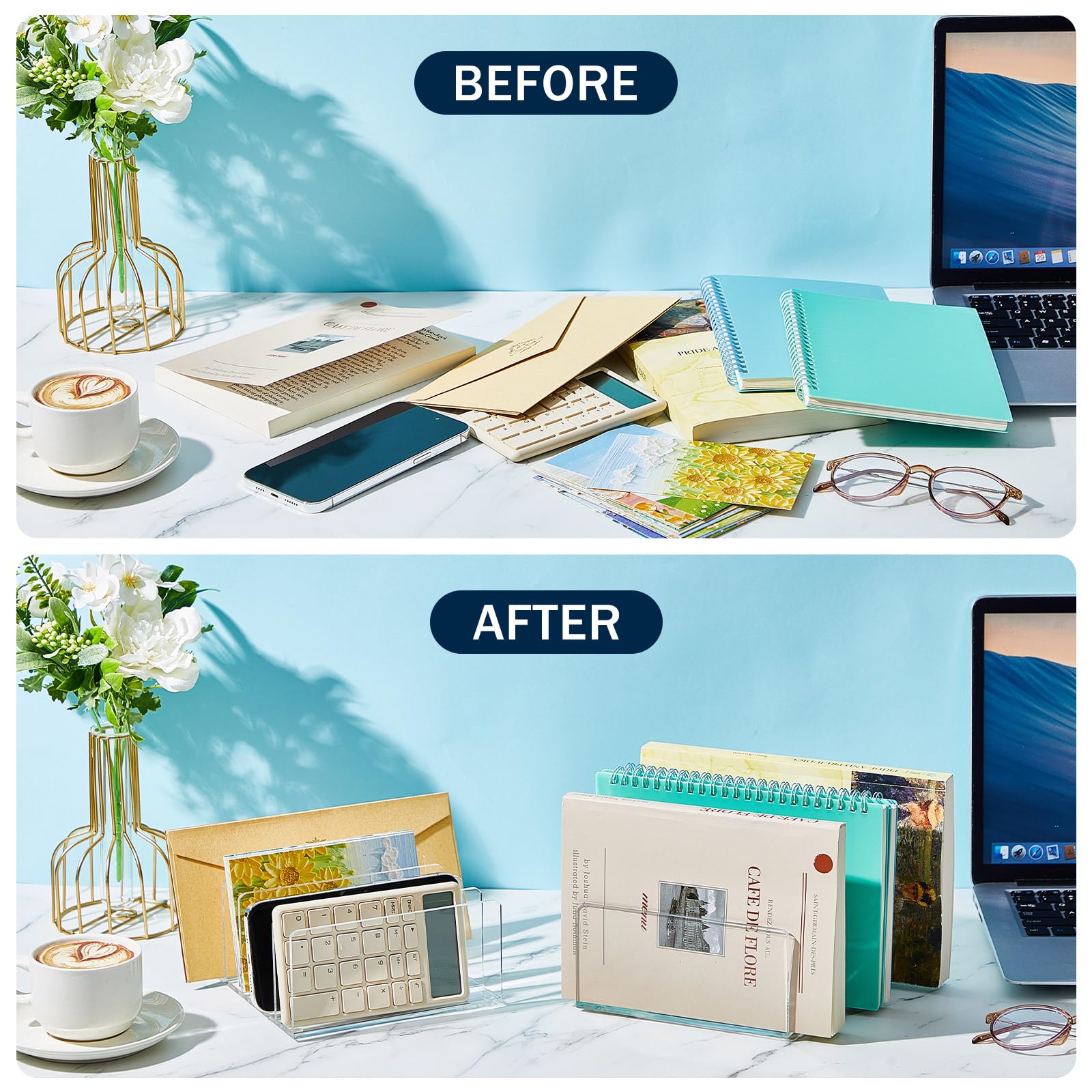 Geyoga 2 Pack Clear Acrylic File Holder - 5 Compartment Vertical Mail Organizer for Letters & Envelopes | Multifunctional Desktop Storage Solution for Office, Home & School Organization | Perfect for Bills, Documents & Paperwork Sorting