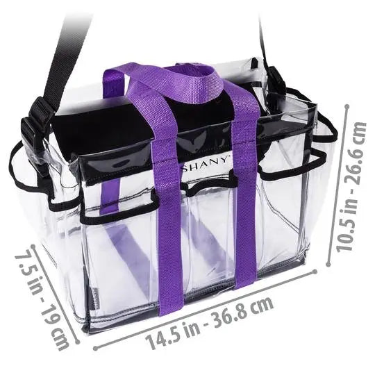 SHANY Clear Travel Caddy with Multiple Pockets & Purple Handle - Perfect for Airplane, Car, and Home Organization | TSA Compliant Carry-On Accessory