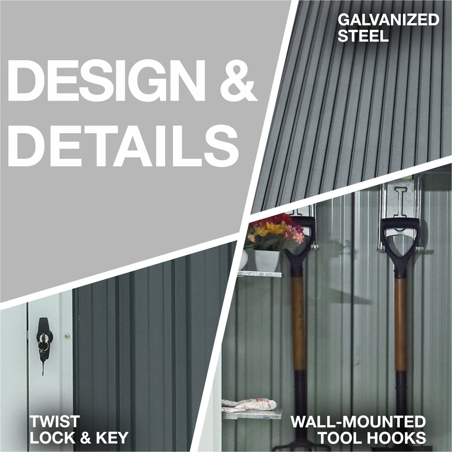 Galvanized Steel Outdoor Storage Shed - 3x3x6 ft Patio Garden Shed with Lockable Door & Tool Hooks | Dark Gray & White Rust-Resistant Yard Storage for Tools, Supplies | Perfect for Backyard, Garage & Garden Organization