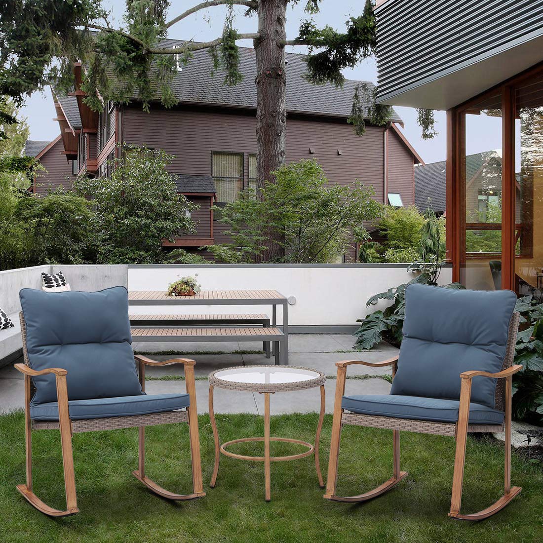HOMPUS 3-Piece Outdoor Rocking Chair Set with Wicker Patio Furniture, Wood Armrests & Warm Gray Cushions - Includes Glass Coffee Table for Porch, Balcony, Garden | Perfect for Relaxing, Entertaining & Outdoor Dining