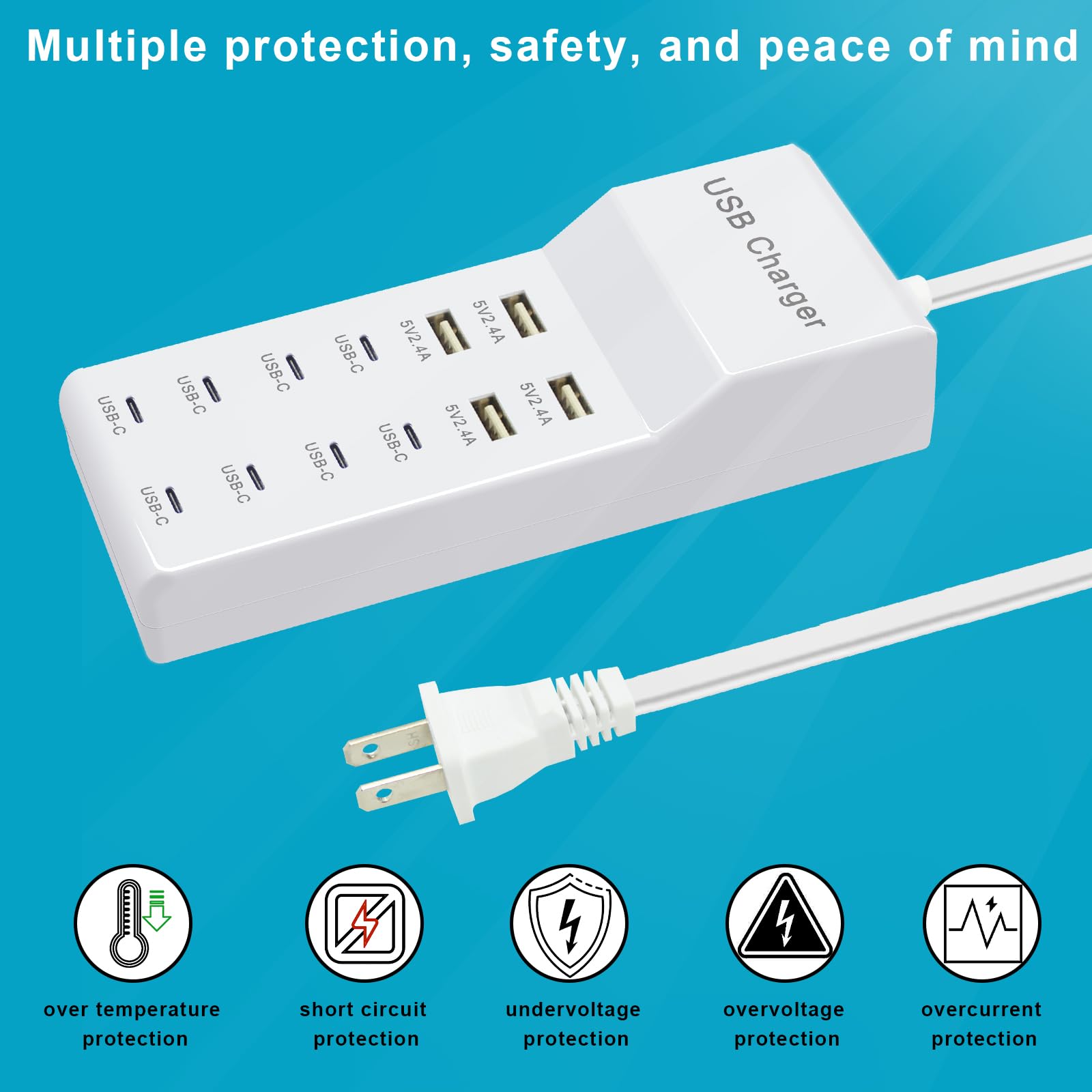 12-Port USB Charging Station with 4 USB-A & 8 USB-C Ports - Fast Charger for iPhone 15/14/13/12 Series, iPad, Samsung Galaxy, Tablets & Smartphones - Perfect for Home, Office, Travel & Multi-Device Charging