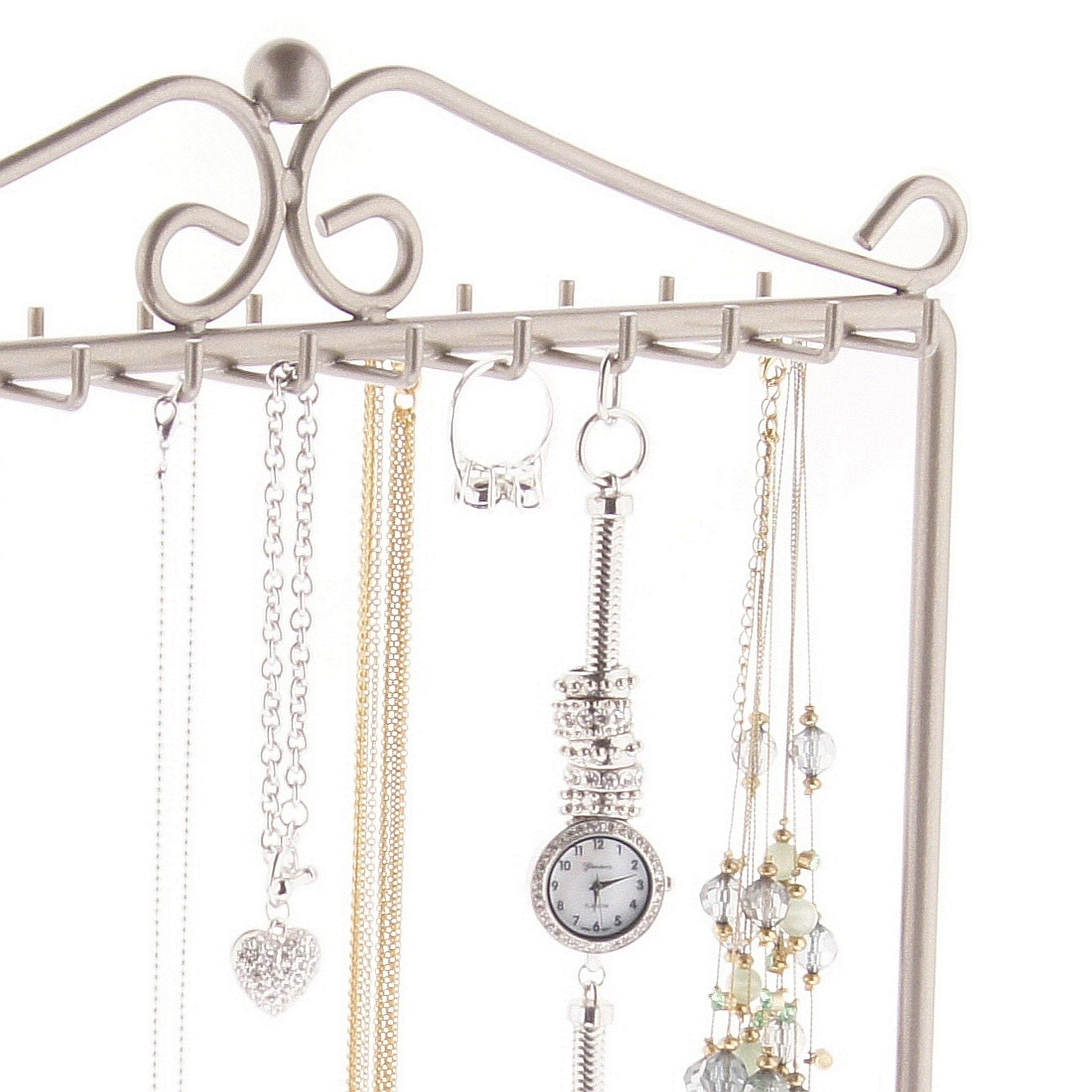 Freestanding Jewelry Organizer Stand - Tall Necklace Holder & Bracelet Display Rack in Calla Satin Nickel Silver | Perfect for Bedroom, Bathroom & Closet Organization