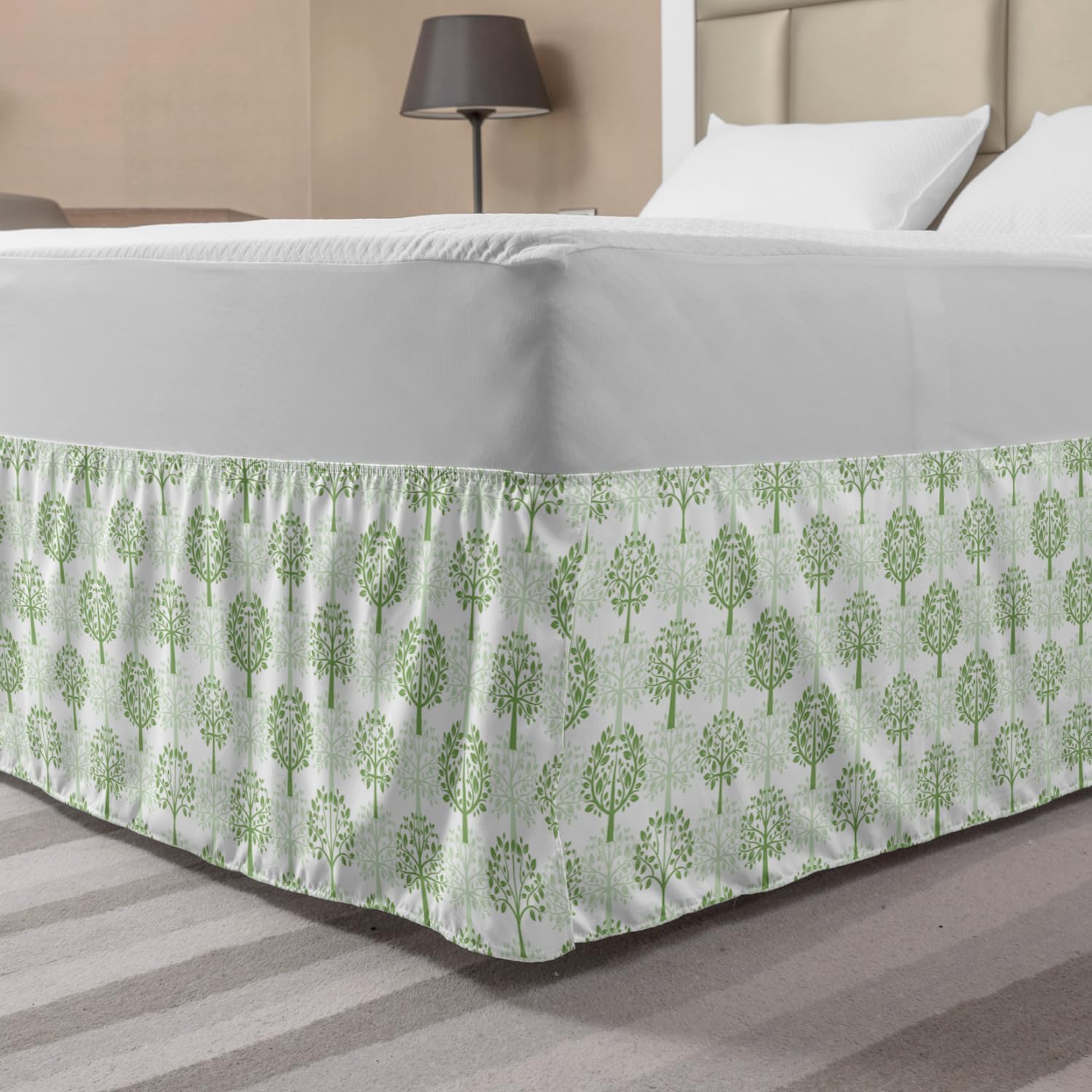 Ambesonne Nature Elastic Bed Skirt - Monochrome Garden Print with Rhythmic Trees Silhouettes, Wrap Around Dust Ruffle for Queen Size Beds, White & Peacock Green - Perfect for Modern Bedroom Decor & Guest Room Styling
