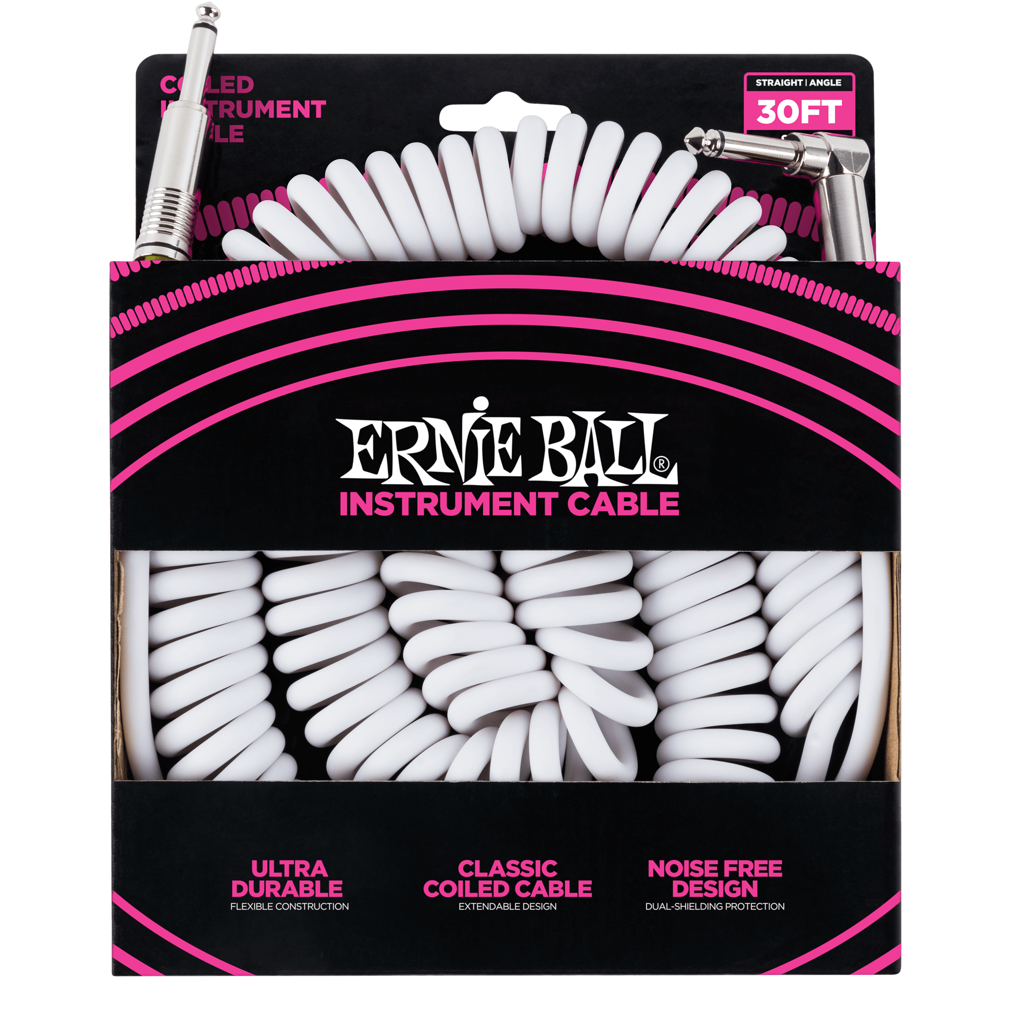 Ernie Ball 30 Coiled Straight/Angle Instrument Cable - White | Premium Guitar & Bass Cable for Live Performances & Studio Recording