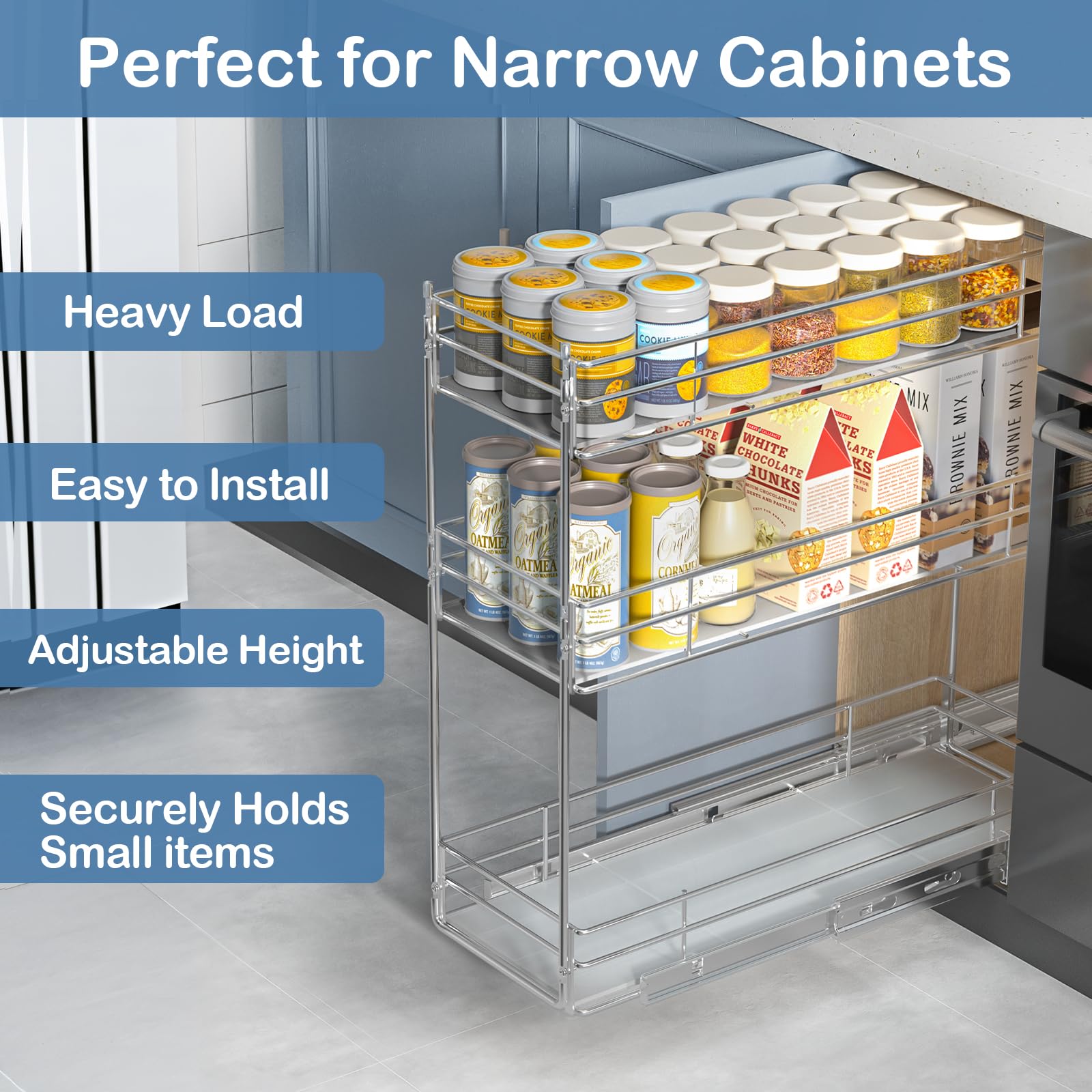 ROOMTEC 3-Tier Pull Out Spice Rack for Narrow Cabinets (6