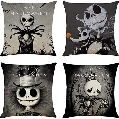 4 Pack Halloween Throw Pillow Covers - 18x18 Inch Cotton Linen Decorative Cushion Cases for Sofa, Couch, Bed - Spooky Home Decor for Halloween Party, Living Room & Seasonal Festive Atmosphere