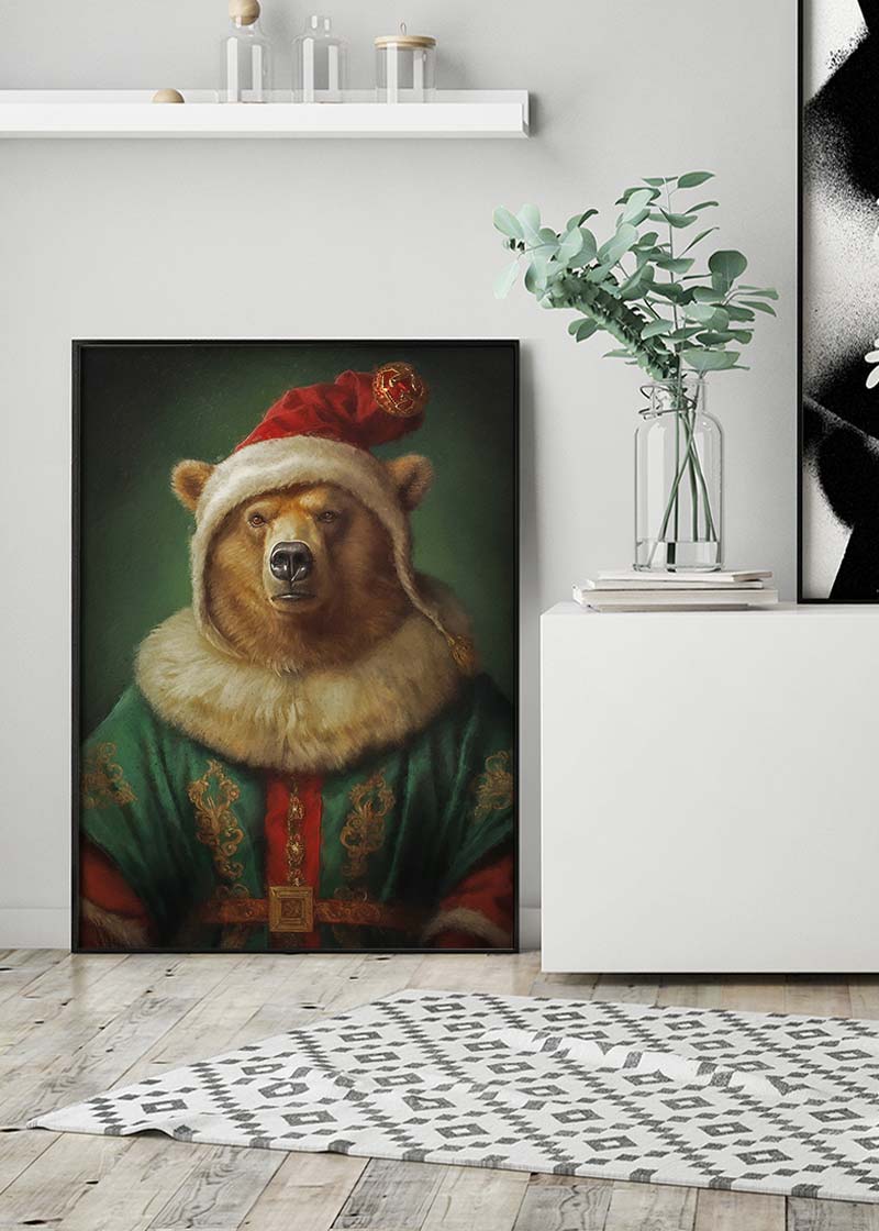 Christmas Bear Animal Portrait Print - Festive Holiday Wall Art Decor for Home, Office & Gifts | Perfect for Living Room, Bedroom & Christmas Party Decorations
