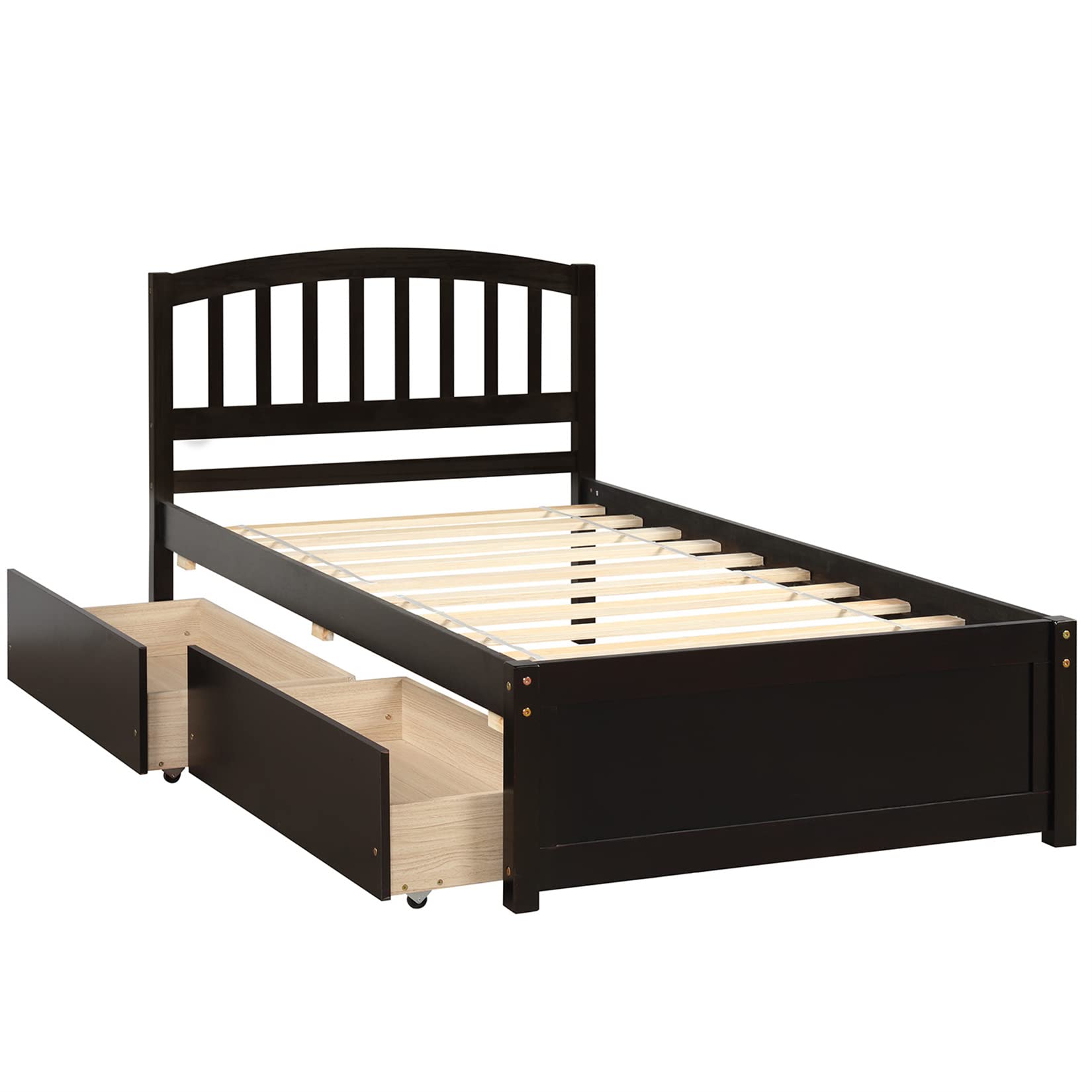 Twin Bed Frame with Storage Drawers - Solid Wood Platform Bed with Headboard & Footboard for Kids, Teens & Adults - Espresso Finish - Perfect for Small Bedrooms, Guest Rooms & Dormitories