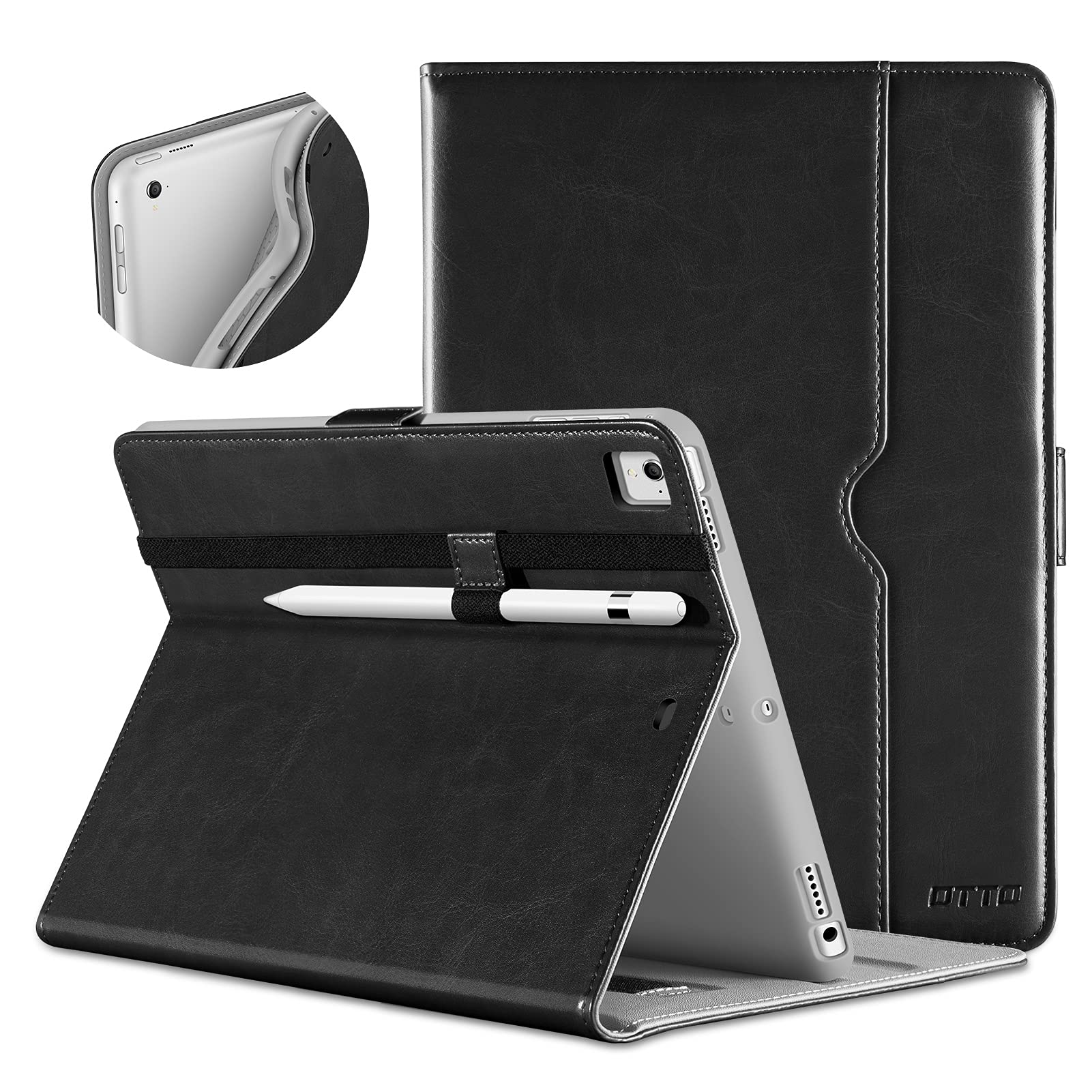 Premium Leather iPad 9.7 Inch Case (5th/6th Gen 2018/2017) with Apple Pencil Holder & Folio Stand - Compatible with iPad Pro 9.7/Air 2/Air - Black - Perfect for Work, Study & Travel Protection