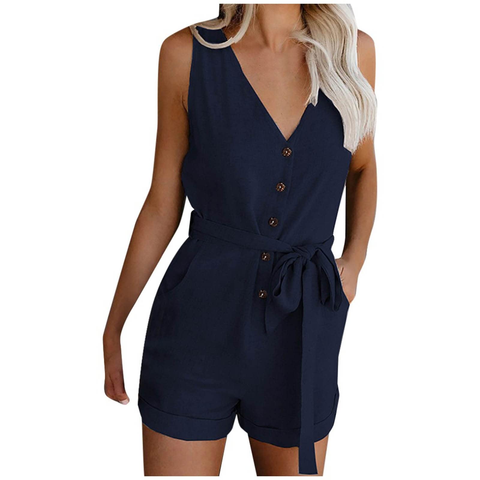 Women's Casual Sleeveless Romper Jumpsuit - Summer 2024 Belted Overalls & Dressy Beach Playsuit | Perfect for Vacation, Pool Parties & Outdoor Adventures