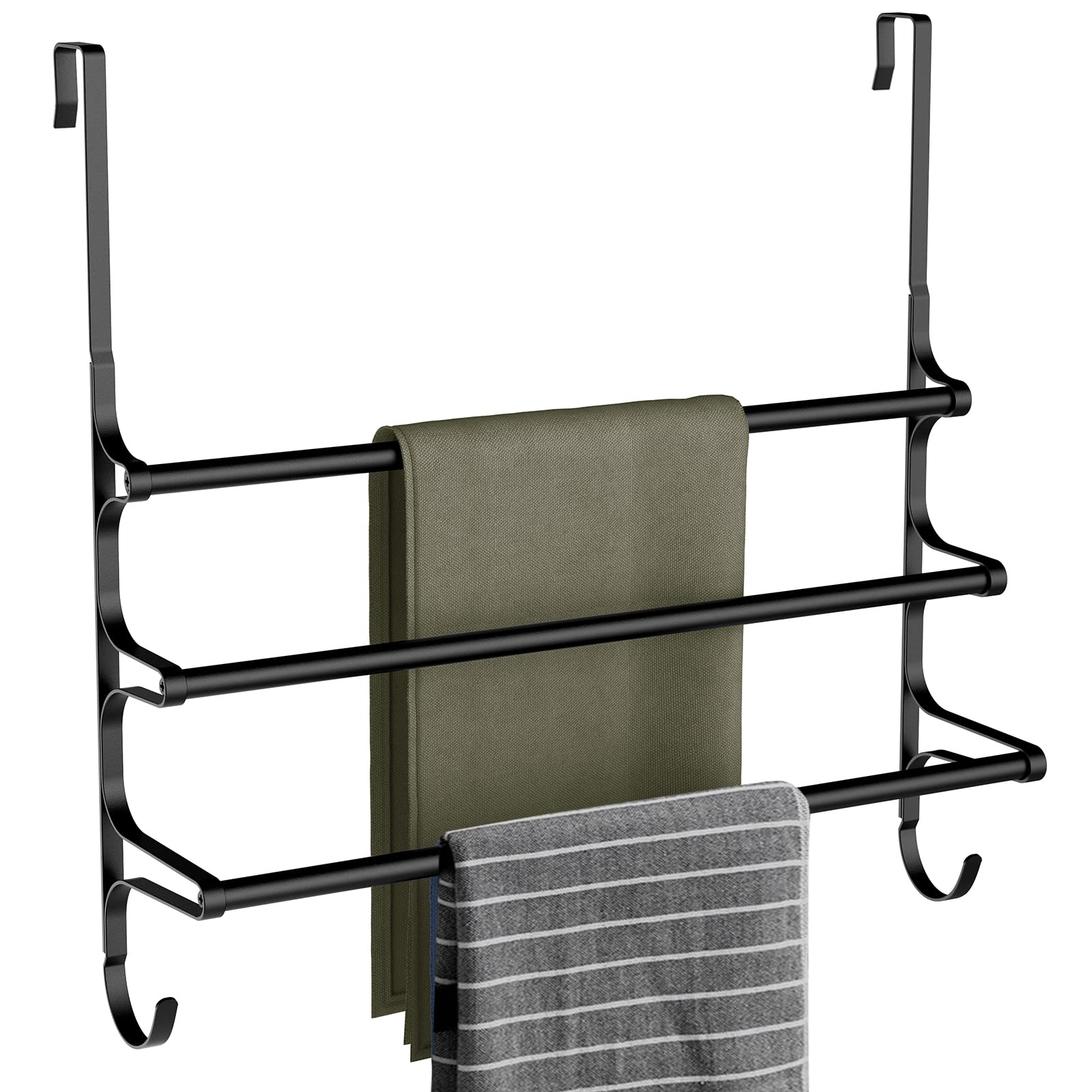 Over The Door Towel Rack - Triple Towel Storage Holder with Hooks for Bathroom, Kitchen, or Bedroom - Space Saving Matte Black Design (20.27
