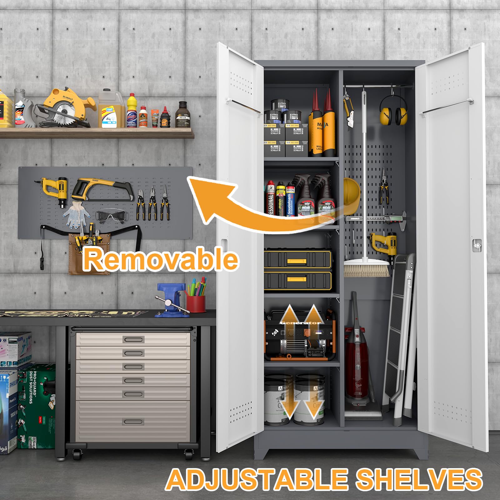 Metal Broom Storage Cabinet - Heavy Duty Cleaning Tool Organizer for Garage, Office & Home - Wall Mounted Cleaning Supplies Closet with Adjustable Shelves (Perfect for Mops, Brooms, Vacuum Accessories)
