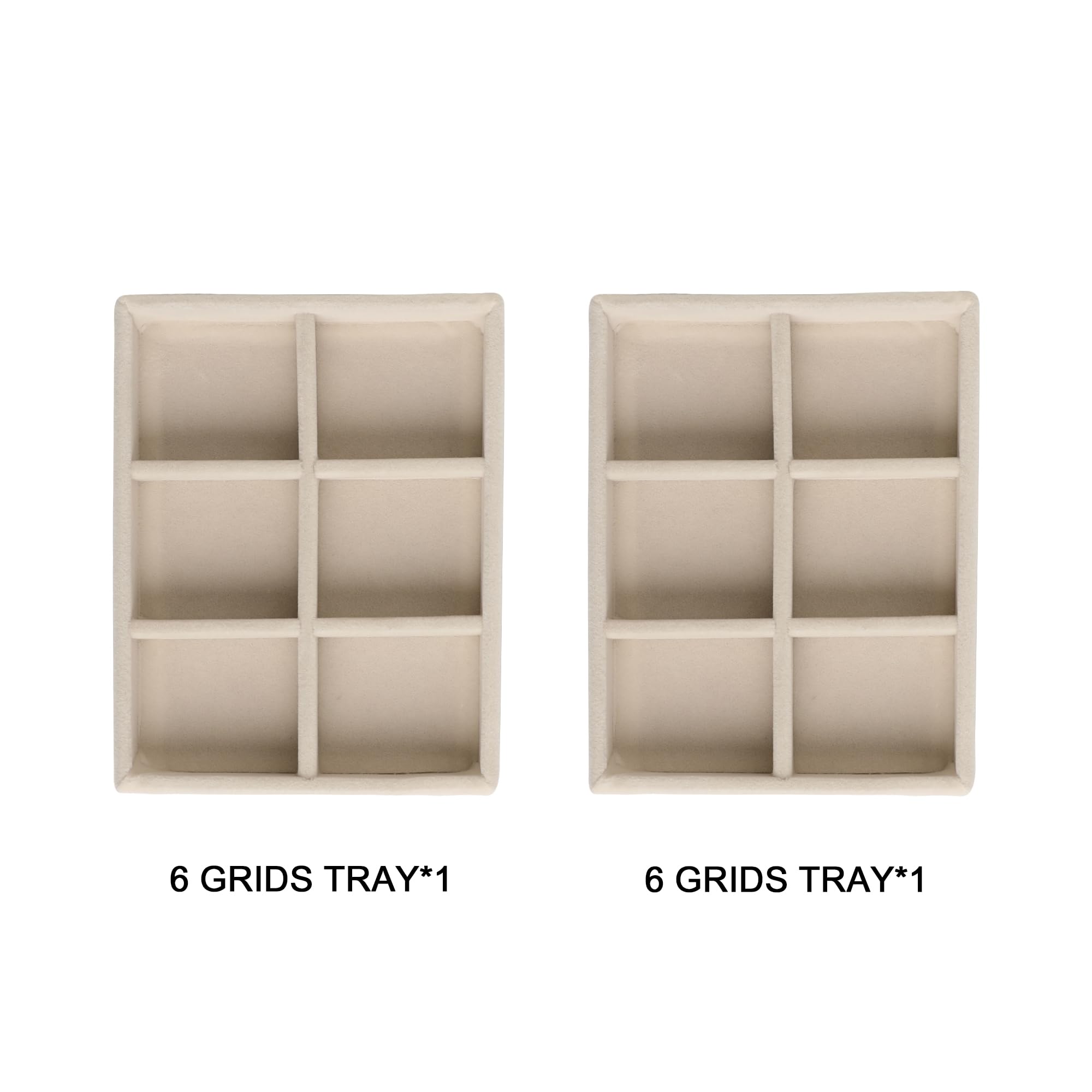 Frebeauty Small Jewelry Tray Set - Stackable Velvet Jewelry Organizer with 6 Grids for Earrings, Necklaces & Rings - Mini Drawer Inserts (4.92 x 3.74 x 0.9 Inches) - Beige 2-Piece Set - Perfect for Bedroom Vanity, Travel & Gift Giving