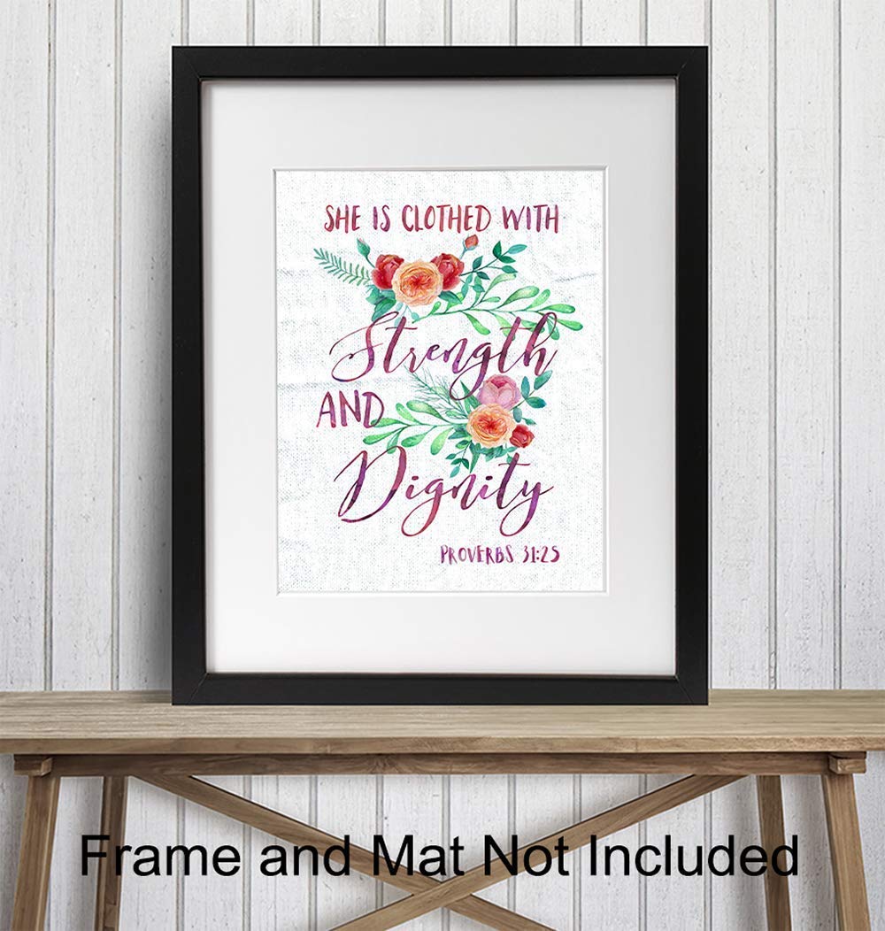 Christian Wall Decor - Proverbs 31 Bible Verse Art - She is Clothed With Strength and Dignity Scripture Print - Inspirational Religious Gift for Women & Girls - Faith-Based Home Decor for Bedroom, Living Room, Church