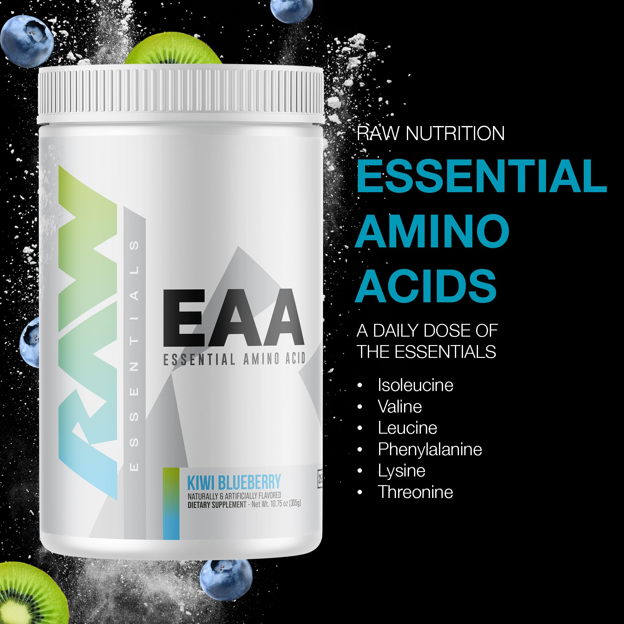 RAW EAA Essential Amino Acids Powder - Kiwi Blueberry Flavor (25 Servings) | Pre-Workout Energy Supplement for Strength, Endurance & Muscle Recovery | BCAA Amino Acid Powder for Men & Women | Ideal for Gym, Fitness & Post-Workout Recovery