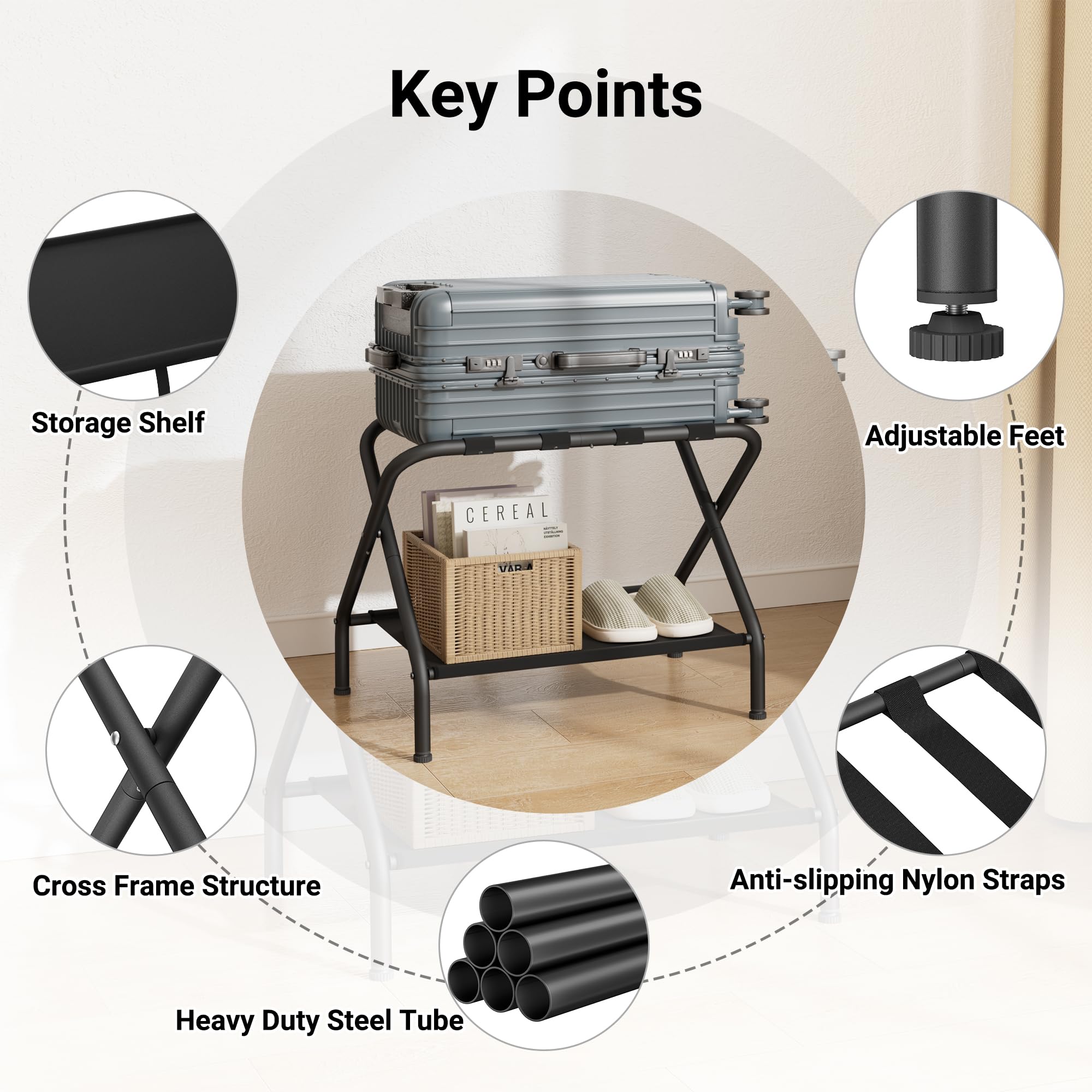 Dunatou Folding Luggage Rack with Storage Shelf - Heavy Duty 200 lb Capacity - Space Saving Suitcase Stand for Hotel Bedroom, Guest Room & Home Use - Sturdy Black Travel Organizer for Suitcases & Bags