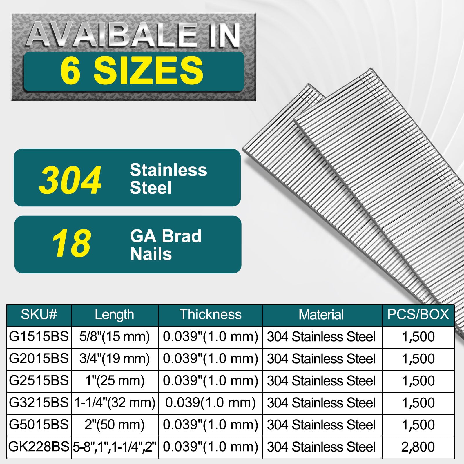 18 Gauge Brad Nails 304 Stainless Steel - 3/4 Inch 18GA Nails for Pneumatic & Electric Nail Guns - Rust-Resistant Finishing Nails for Woodworking, Cabinetry, Trim and DIY Home Projects