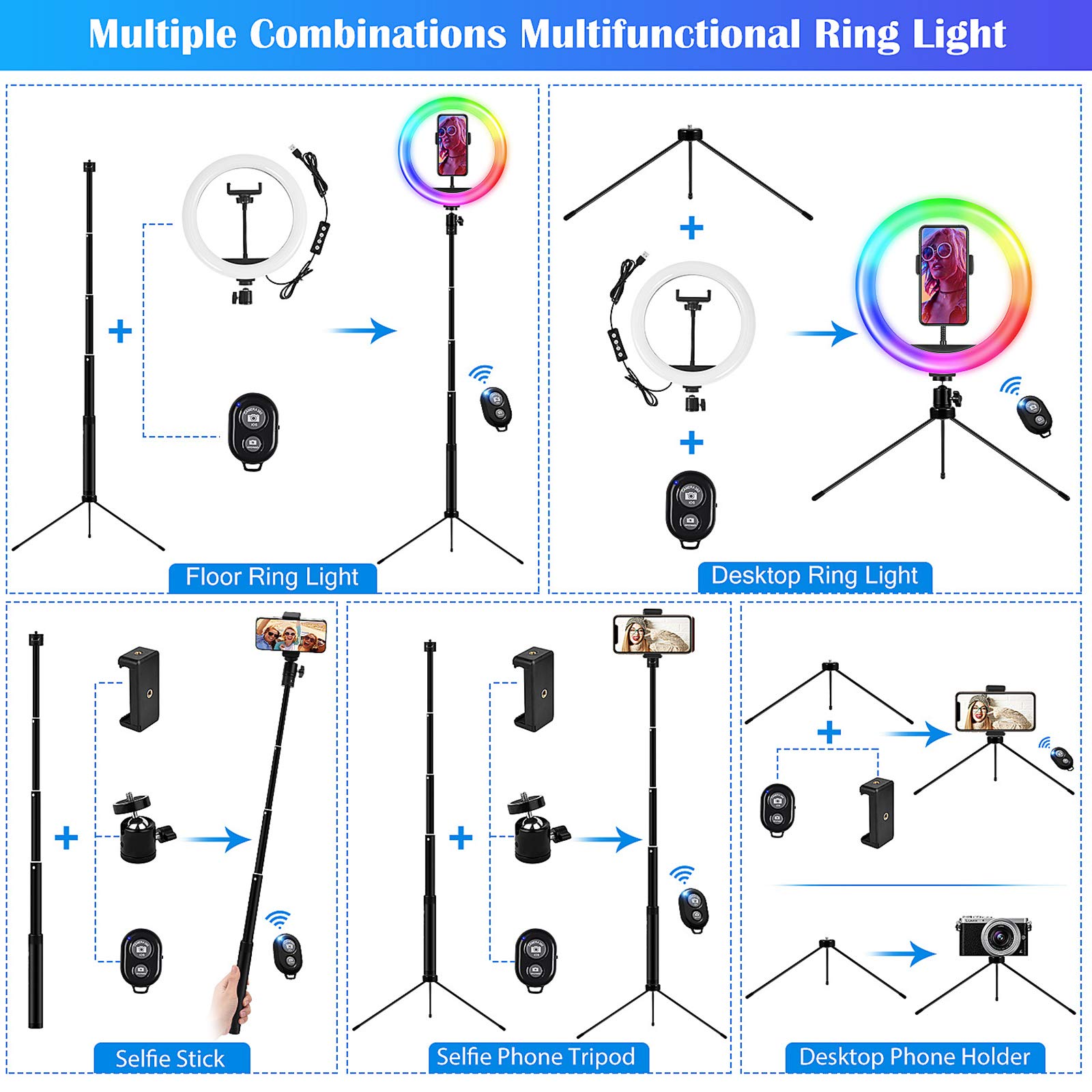 ZXCVASDF 10-inch Dimmable RGB Ring Light with Tripod Stand & Phone Holder - Perfect for Live Streaming, Makeup Videos, YouTube Content Creation - Compatible with iOS/Android Smartphones