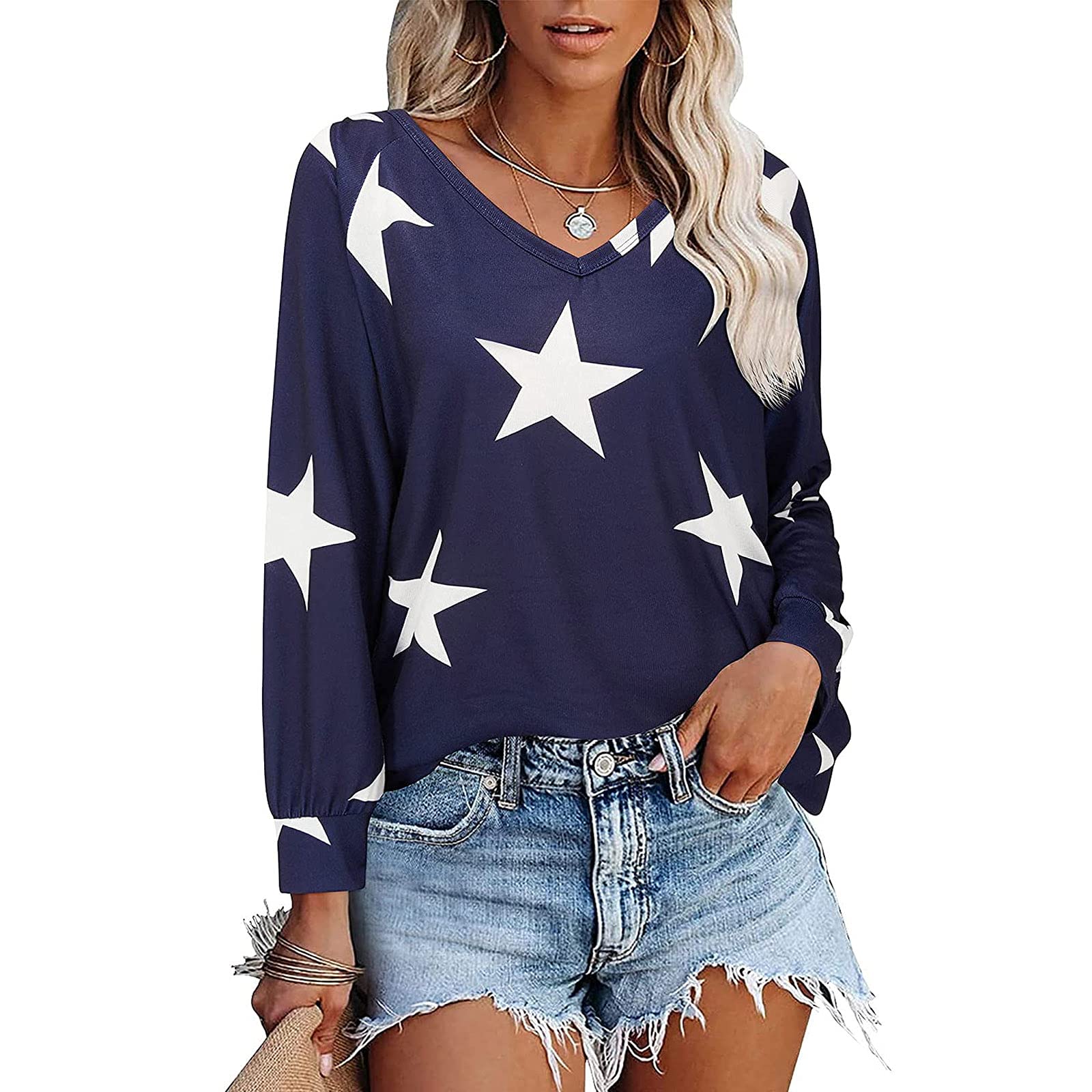 Women's Long Sleeve Star Print Knit Sweater Top - Cute Cartoon Graphic Blouse for Casual Wear & Layering | Perfect for Fall Outfits, Date Nights, and Office Looks