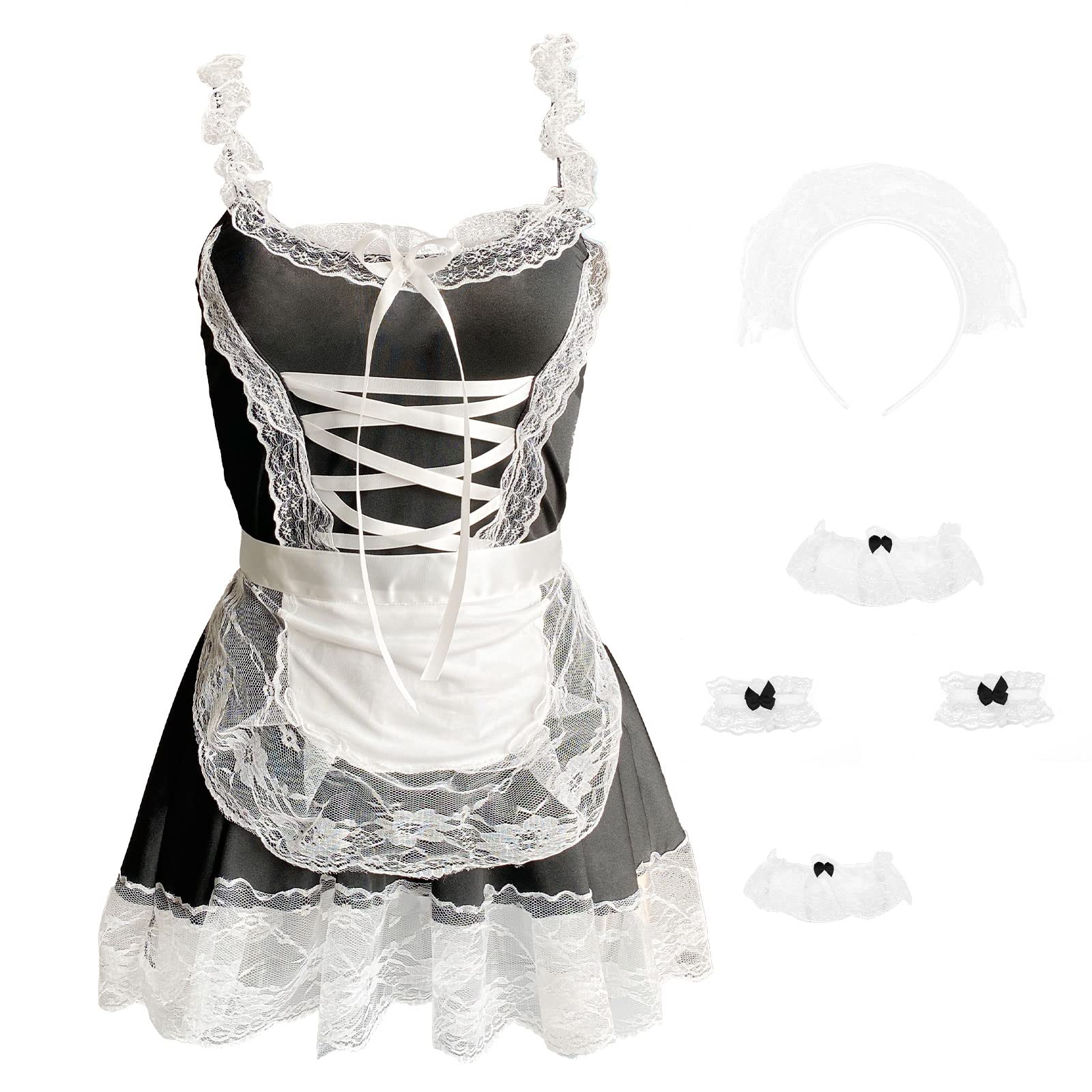Zyimsva Sexy Maid Dress Halloween Costume - French Maid Outfit with Stockings for Cosplay, Roleplay & Halloween Parties
