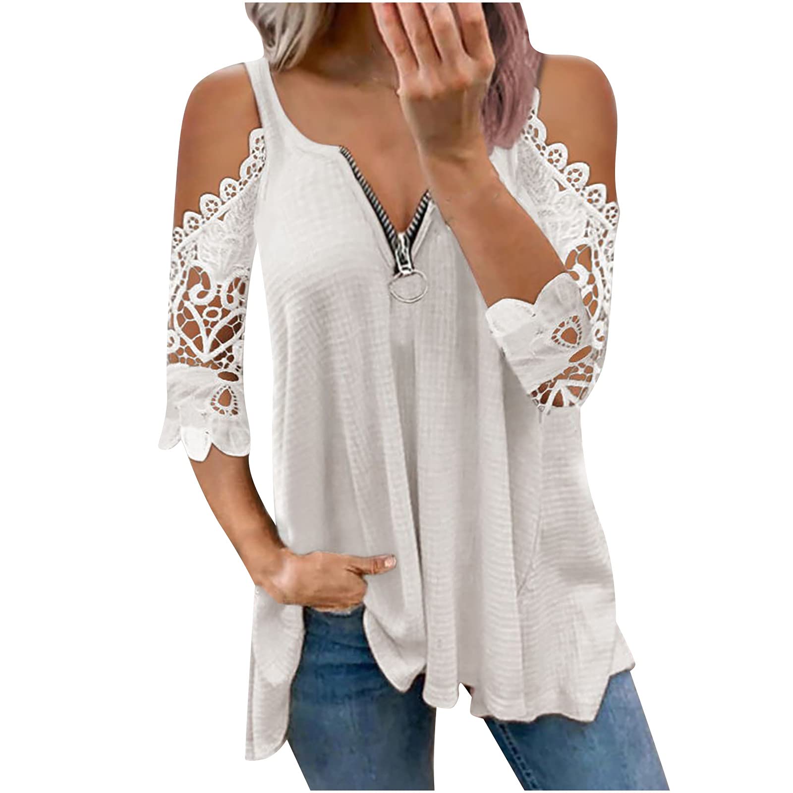 Plus Size Women's Sexy Floral Lace Cold Shoulder V-Neck Blouse - Casual Going Out Tops for Date Night, Party & Summer Outfits