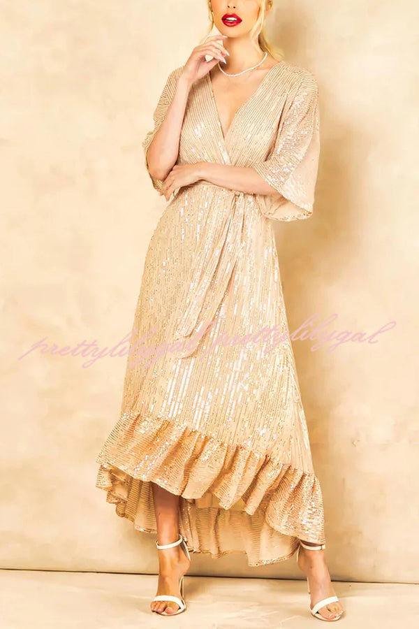 Elegant Solid Color Sequined V-Neck Waist Tie Loose Maxi Dress for Women - Perfect for Evening Parties, Weddings & Special Occasions