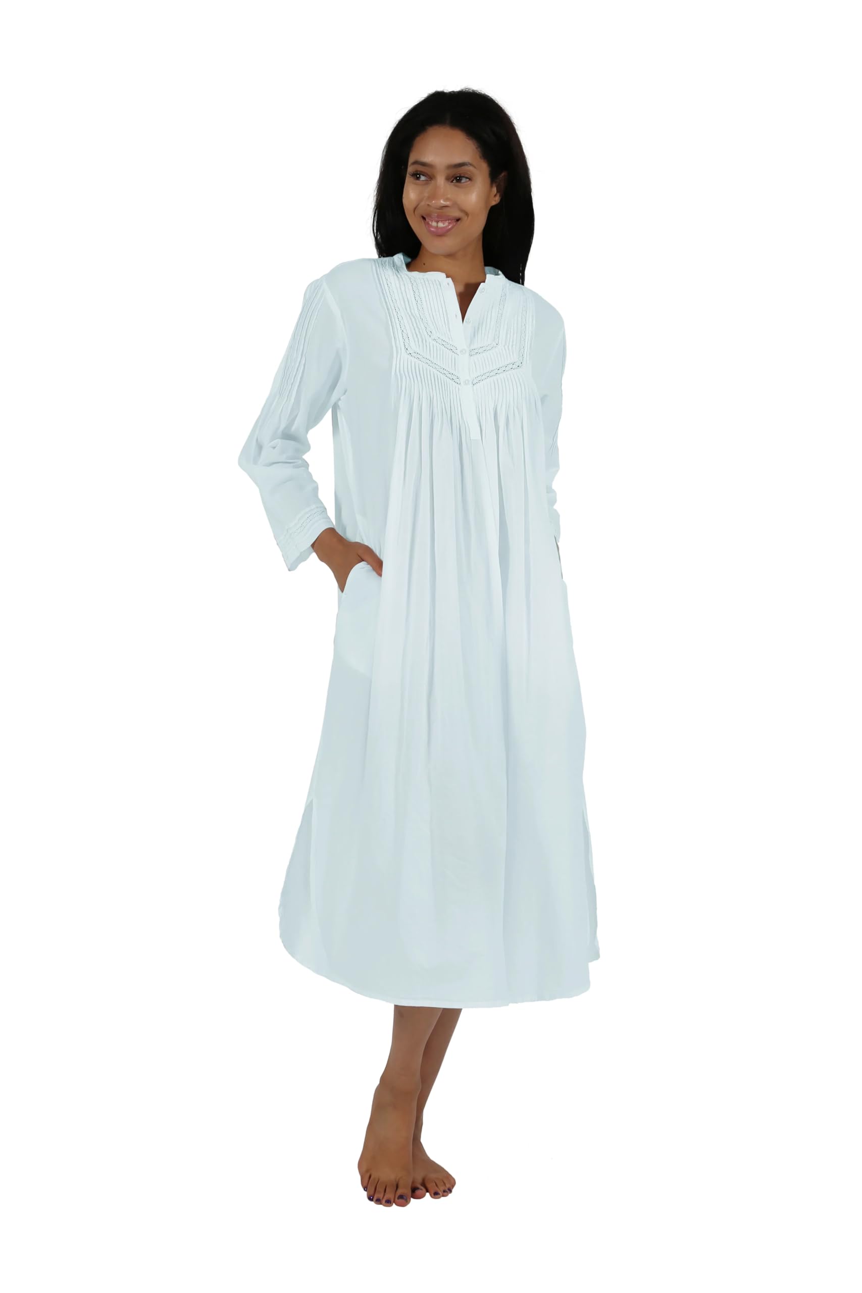 LA CERA Women's Long Sleeve Cotton Nightgown with 4-Button Placket, Scoop Neck & Lace Trim - Soft Sleepwear with Side Pockets - Machine Washable for Comfortable Nights & Relaxing at Home