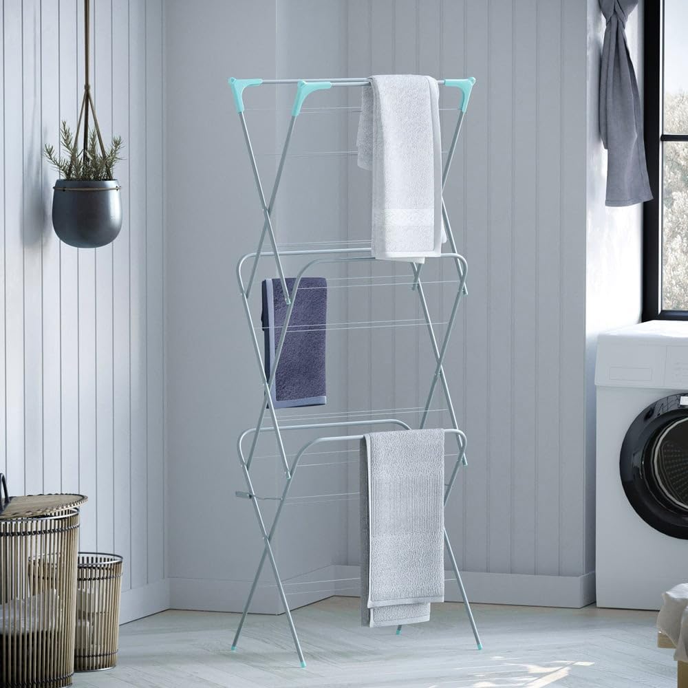 Meown 3-Tier Foldable Clothes Drying Rack | Heavy Duty Indoor Outdoor Laundry Airer with 12M Space & Corner Knobs | Includes 20 Free Clothes Pegs (Black) | Perfect for Small Spaces, Apartments, Balconies & Patios