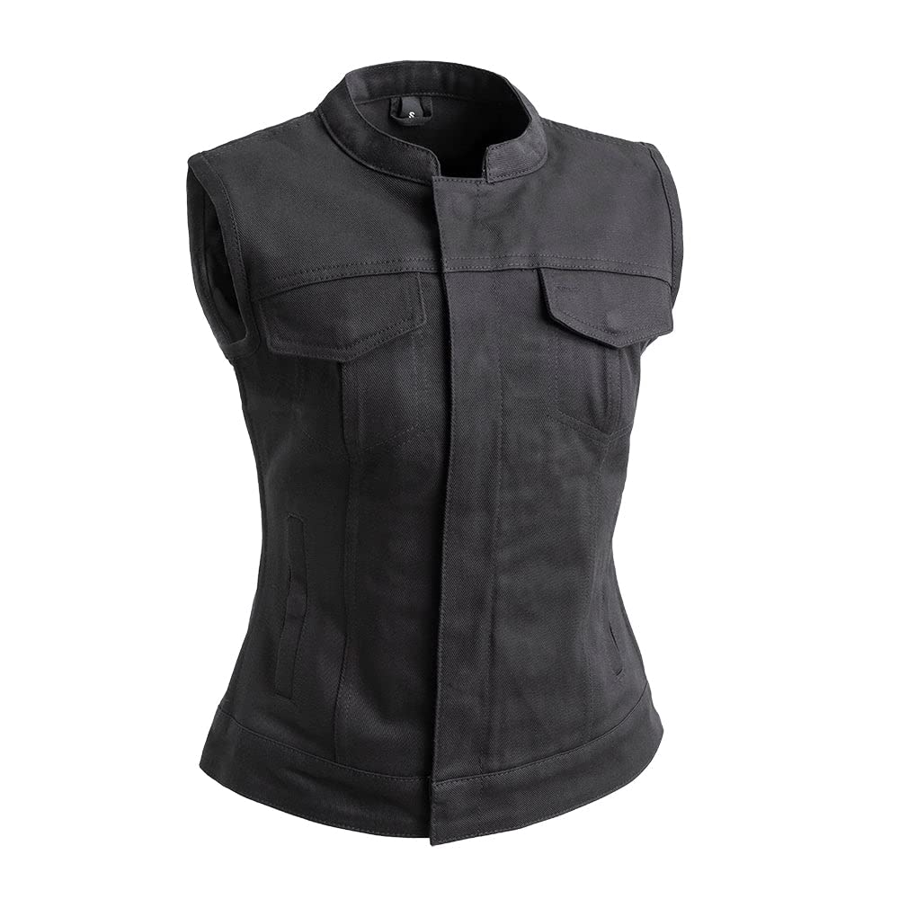 First Mfg Co Lexy/Bonnie Women's Motorcycle Biker Vest - Denim, Twill, Leather & Mesh Riding Jacket with Perforated Armor for Harley Davidson & Cruiser Riders - Perfect for Road Trips & Bike Rallies