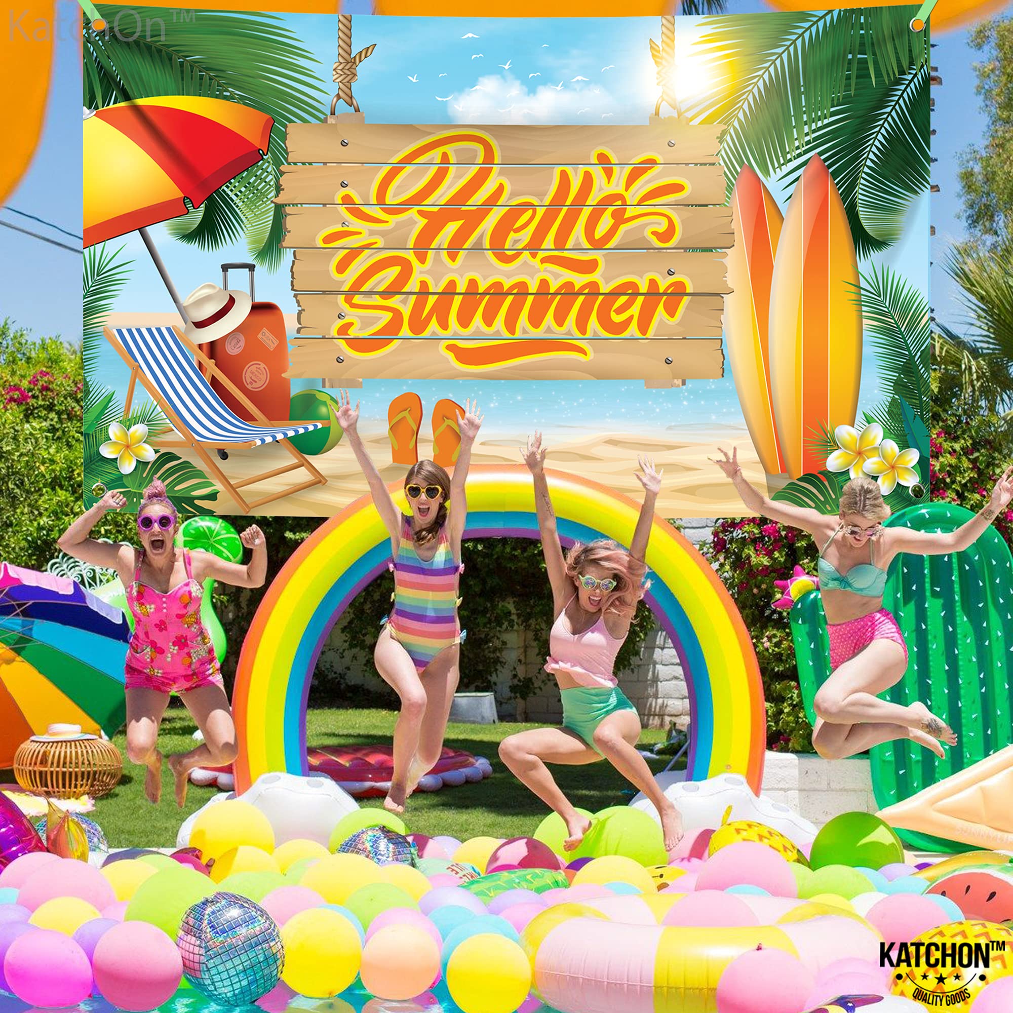 KatchOn Large 72x44 Inch Hello Summer Backdrop - Premium Summer Party Banner for Beach, Surfboard & End of School Decorations | Perfect for Pool Parties, Graduation Celebrations & Tropical Themed Events